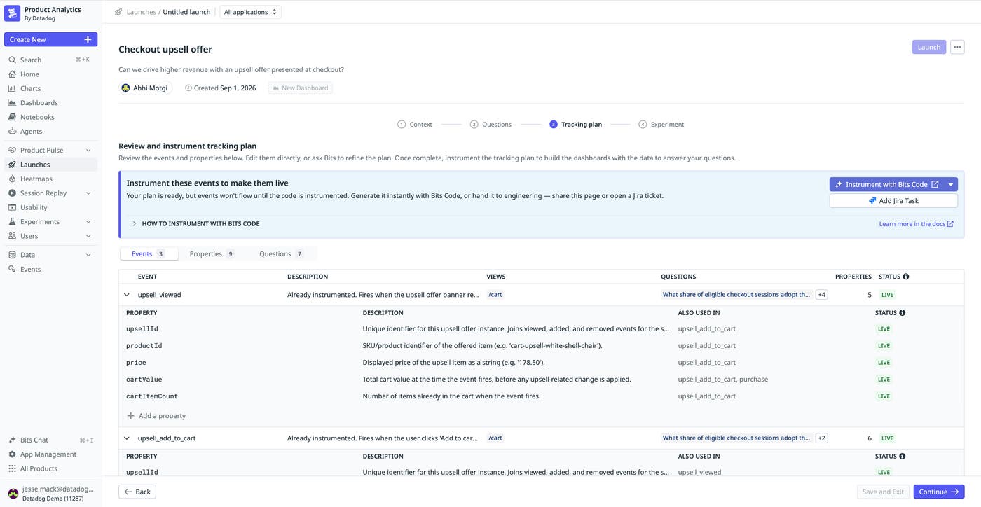 View of a launch tracking plan in Datadog Product Analytics shows the events and properties that will be tracked at rollout. View of a launch tracking plan in Datadog Product Analytics shows the events and properties that will be tracked at rollout.