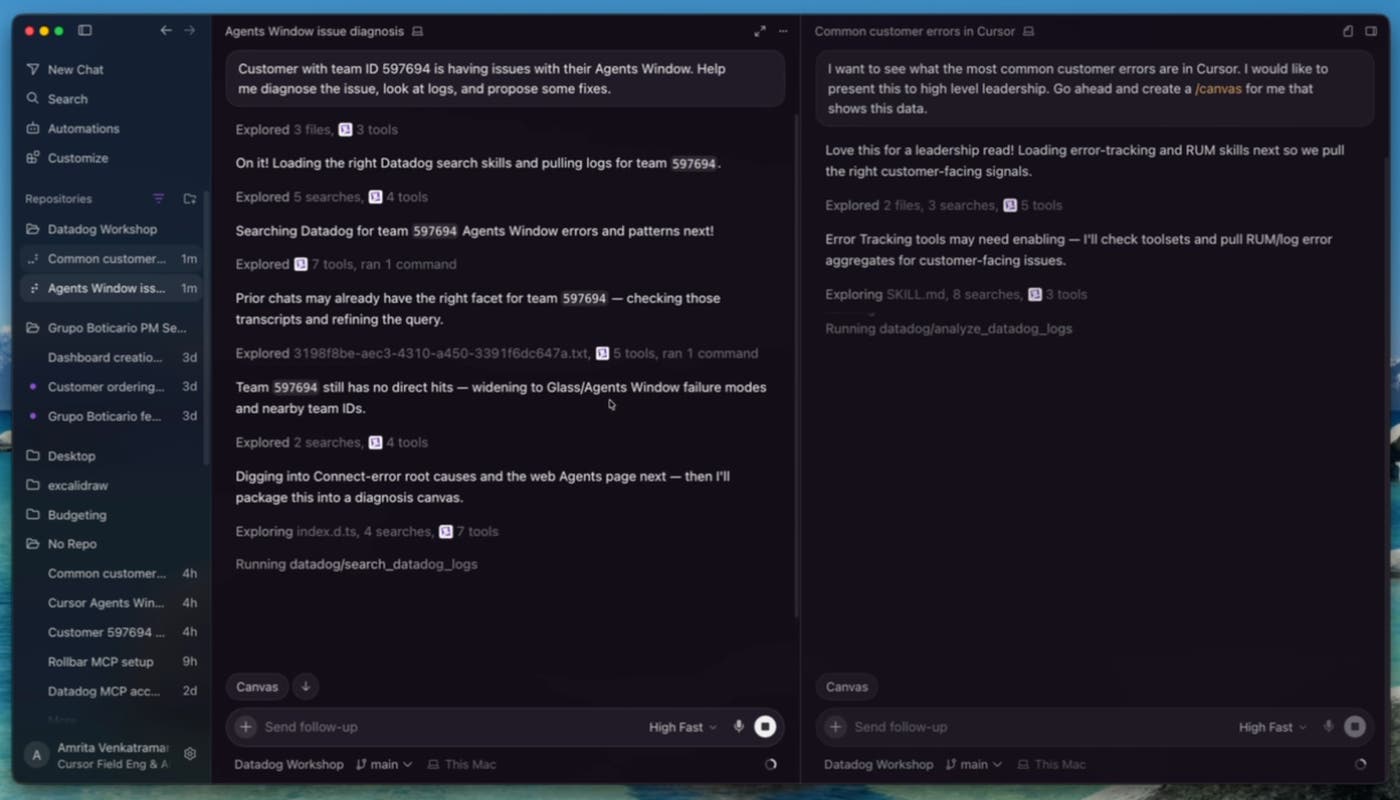 Cursor のエージェントが Datadog のログをもとに顧客の不具合を診断している画面 Cursor のエージェントが Datadog のログをもとに顧客の不具合を診断している画面