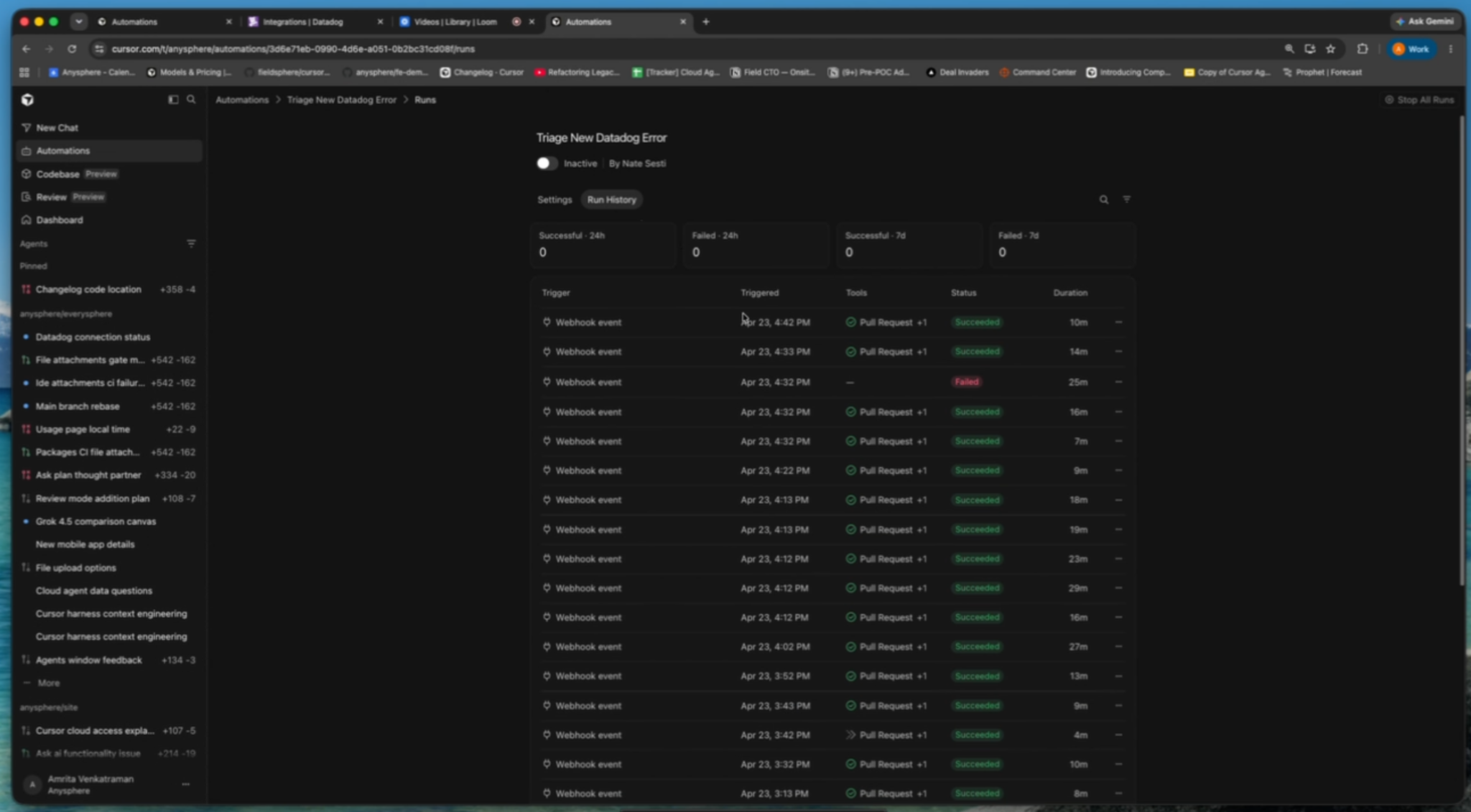 Cursor Automations の実行履歴（Run History）画面
