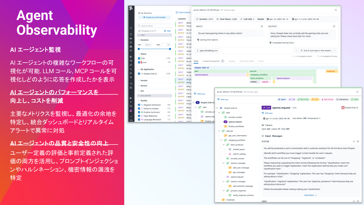 Datadog Agent Observability のトレースと評価結果の画面と、AI エージェントのワークフローの可視化、パフォーマンスとコストの監視、品質とセキュリティの評価について説明するスライド。
