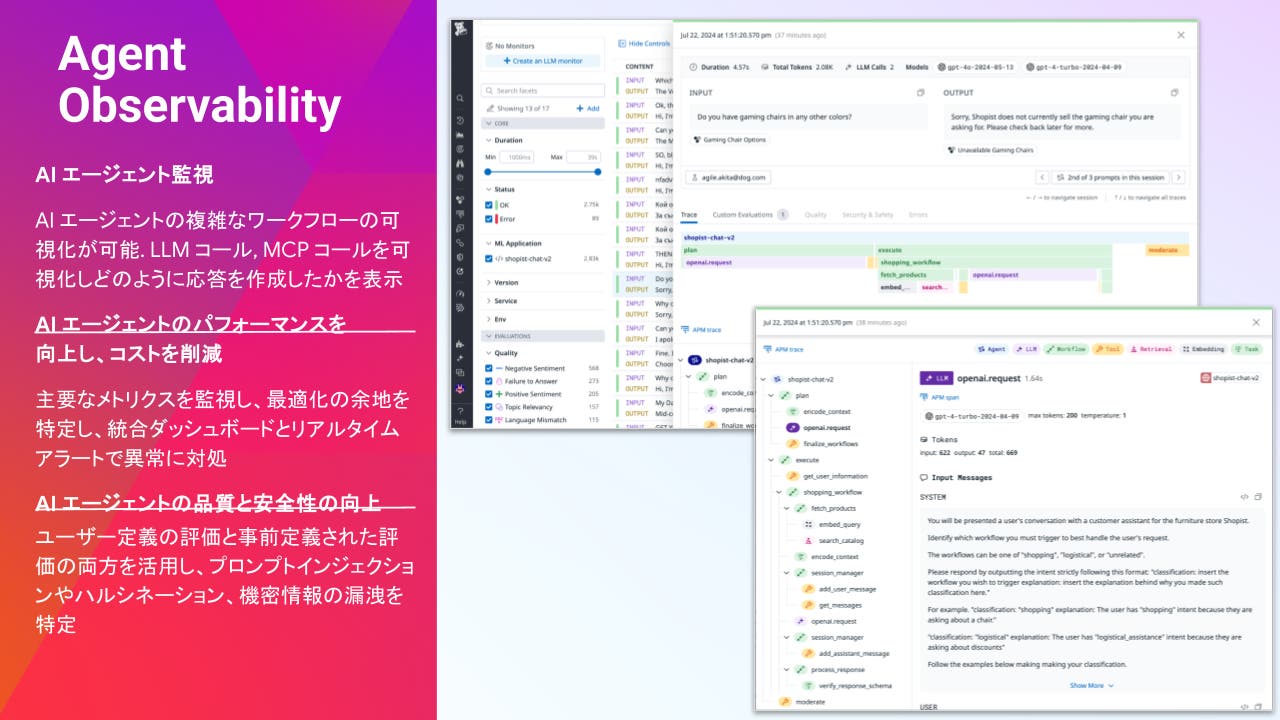 Datadog Agent Observability のトレースと評価結果の画面と、AI エージェントのワークフローの可視化、パフォーマンスとコストの監視、品質とセキュリティの評価について説明するスライド。 Datadog Agent Observability のトレースと評価結果の画面と、AI エージェントのワークフローの可視化、パフォーマンスとコストの監視、品質とセキュリティの評価について説明するスライド。