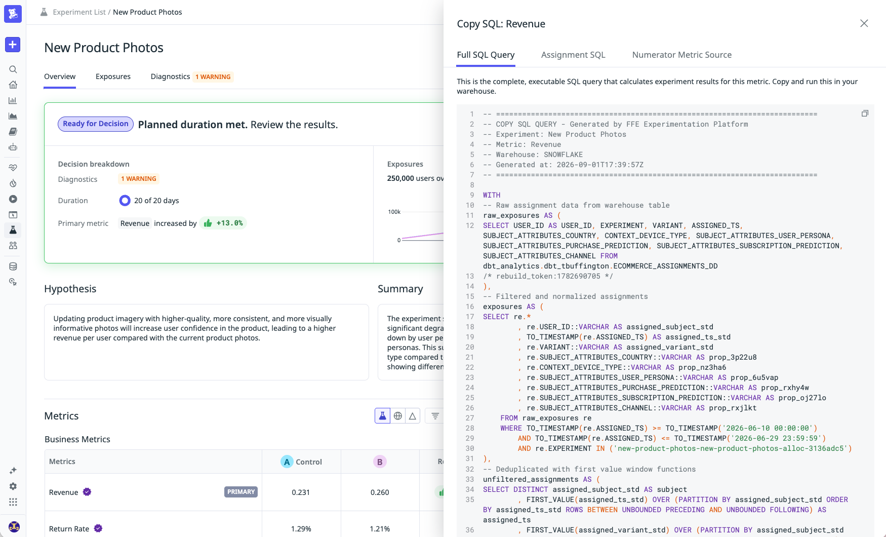 A Datadog Copy SQL panel showing the full warehouse query behind an experiment’s revenue metric, ready to copy and run. 