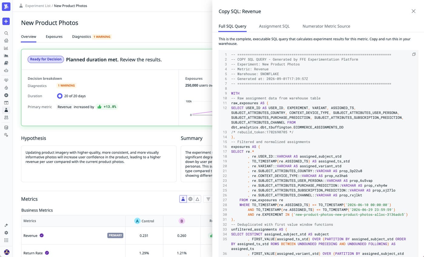 A Datadog Copy SQL panel showing the full warehouse query behind an experiment’s revenue metric, ready to copy and run. A Datadog Copy SQL panel showing the full warehouse query behind an experiment’s revenue metric, ready to copy and run.