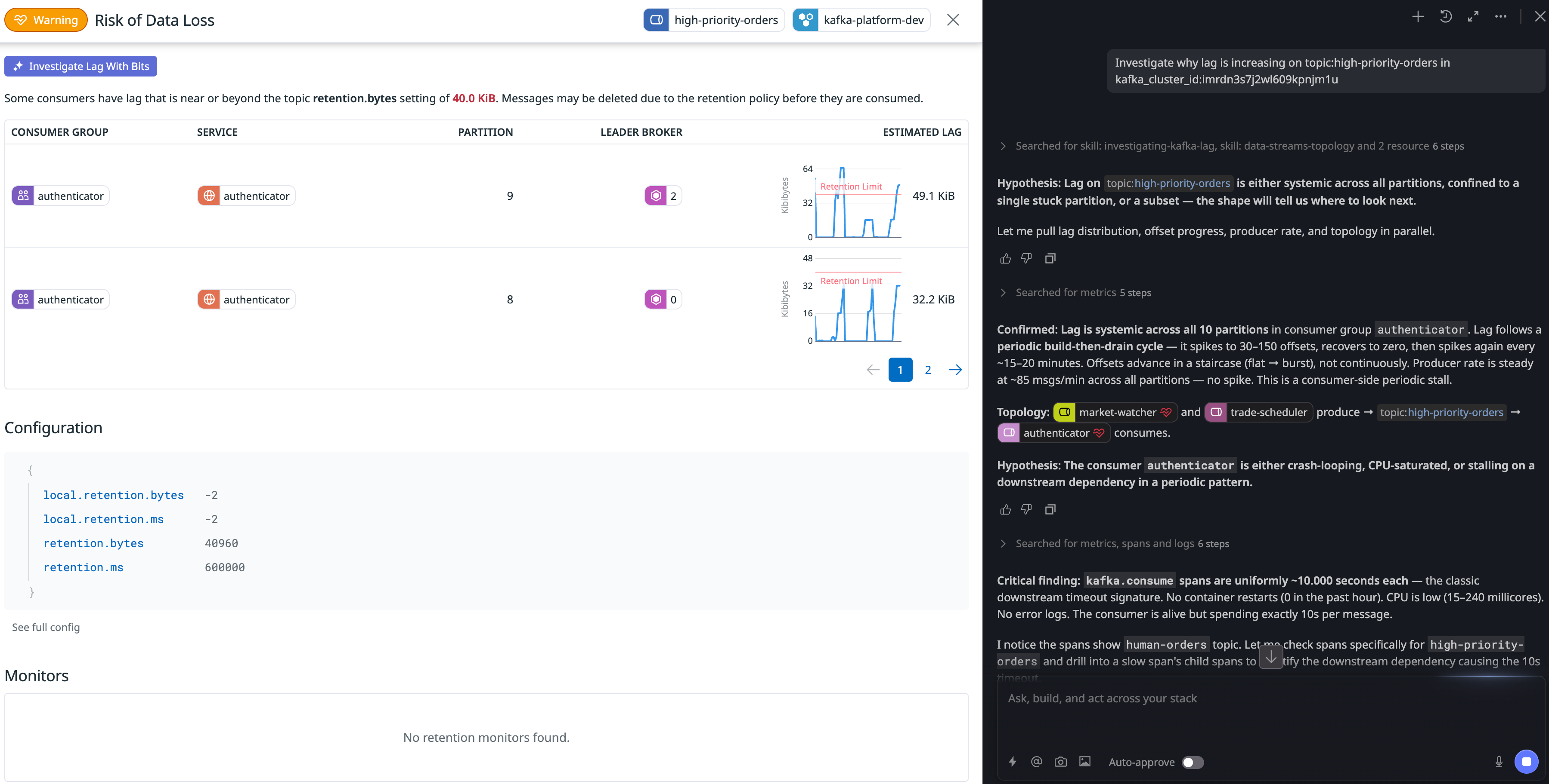 Bits AI investigates the root cause of an issue with a Kafka consumer, providing hypotheses and supporting metrics.