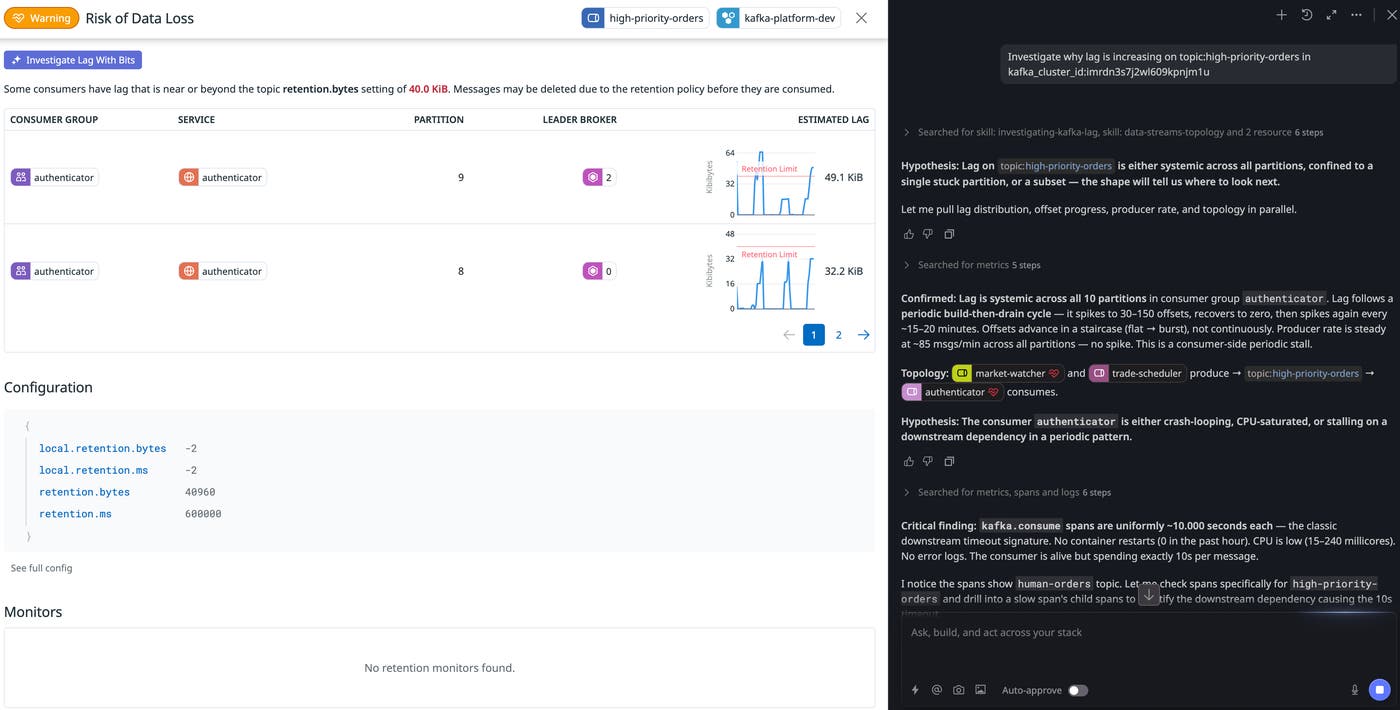Bits AI investigates the root cause of an issue with a Kafka consumer, providing hypotheses and supporting metrics. Bits AI investigates the root cause of an issue with a Kafka consumer, providing hypotheses and supporting metrics.