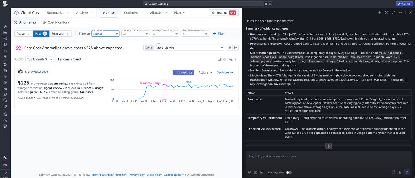 Cursor cost anomaly with a Bits root cause analysis attributing the spike to normal usage variance. Cursor cost anomaly with a Bits root cause analysis attributing the spike to normal usage variance.