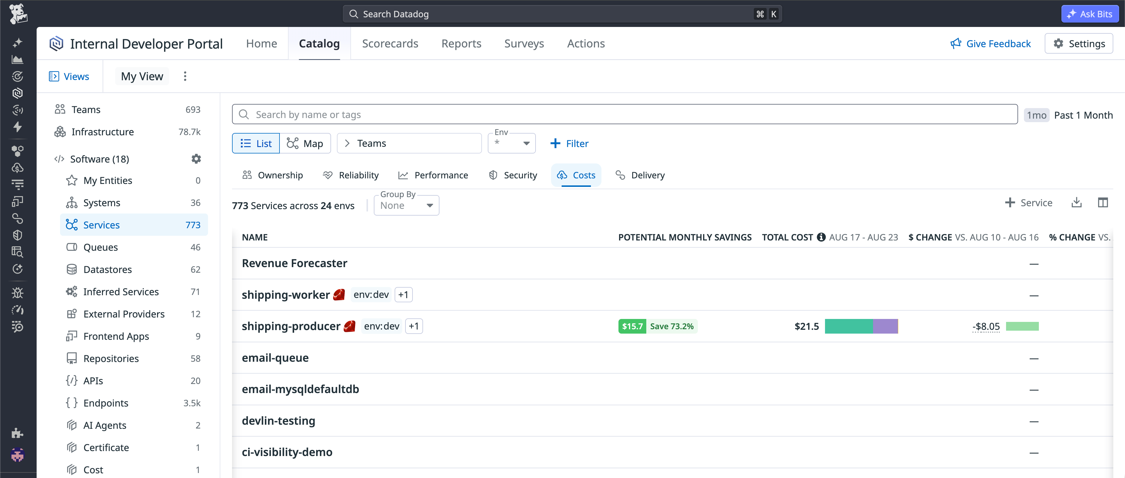 The Catalog Costs view in the Internal Developer Portal listing total cost and potential monthly savings for software services.