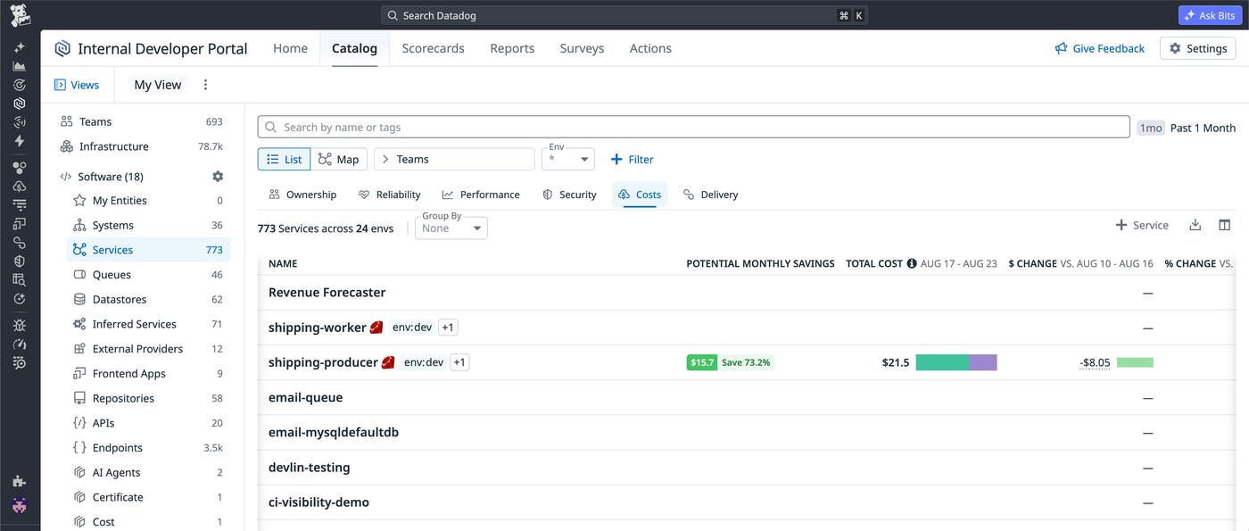 The Catalog Costs view in the Internal Developer Portal listing total cost and potential monthly savings for software services. The Catalog Costs view in the Internal Developer Portal listing total cost and potential monthly savings for software services.