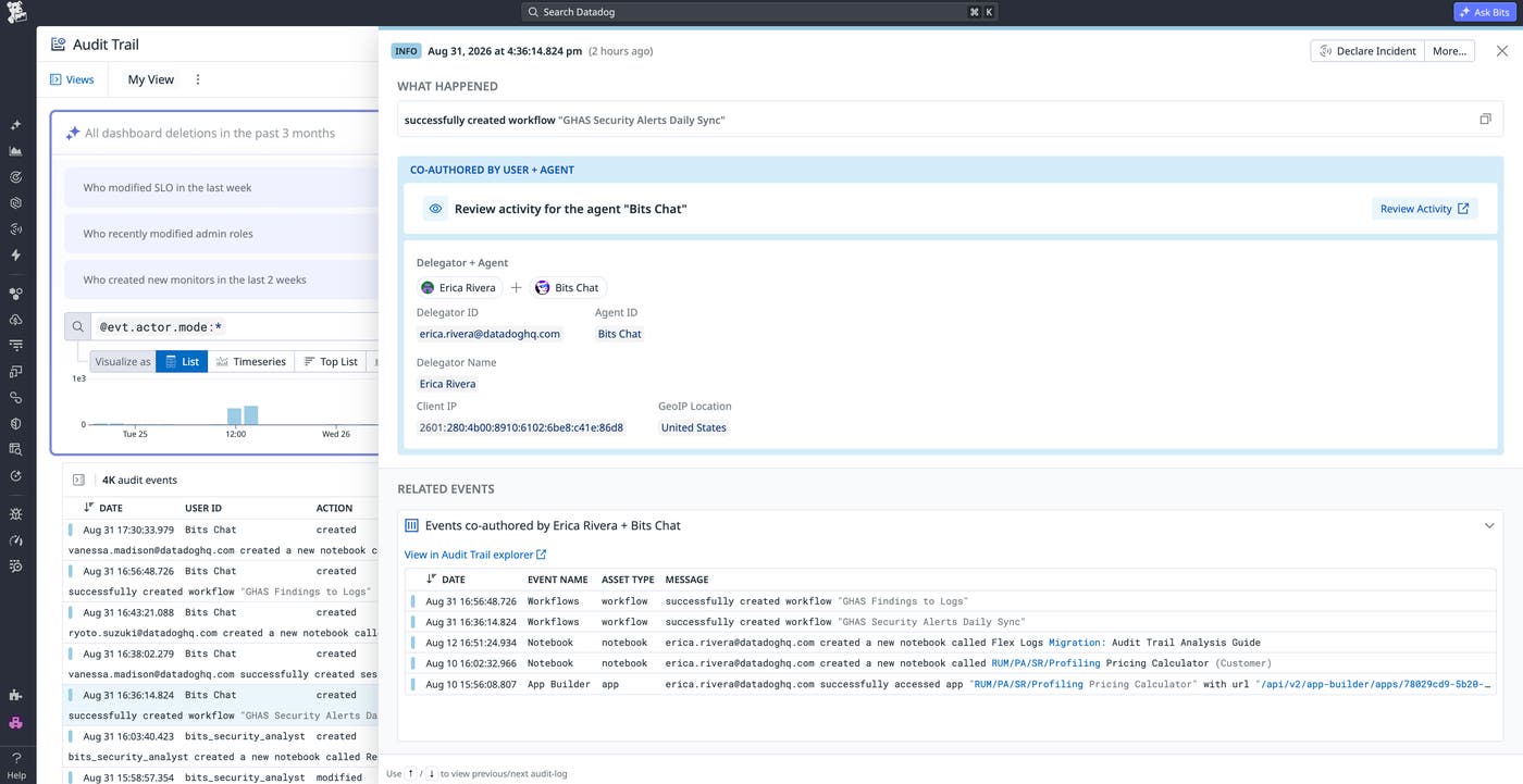 Audit Trail event showing a workflow created by the Bits Chat agent, correlated with delegator’s identity and related co-authored events across notebooks, workflows, and apps. Audit Trail event showing a workflow created by the Bits Chat agent, correlated with delegator’s identity and related co-authored events across notebooks, workflows, and apps.