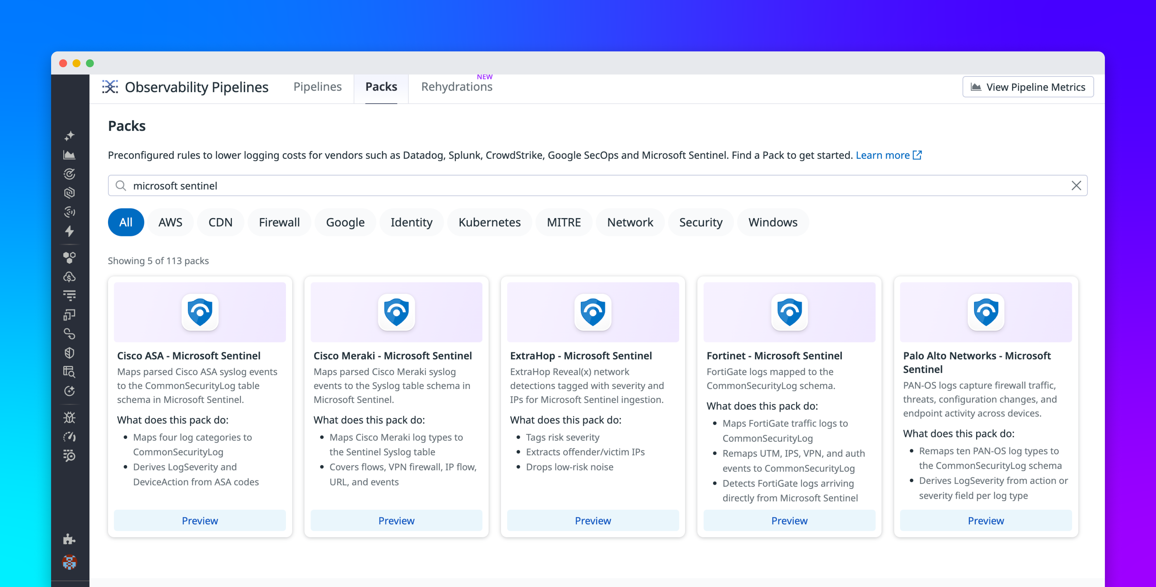 Transform and route  security logs to Microsoft Sentinel tables using Observability Pipelines