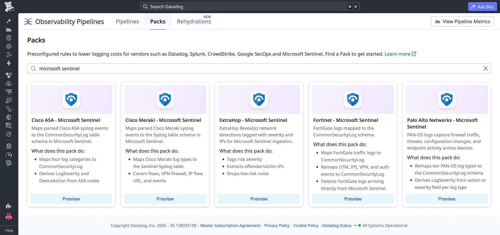 Observability Pipelines Packs gallery listing preconfigured Microsoft Sentinel mappings for Palo Alto Networks, Fortinet, Cisco ASA, Cisco Meraki, and ExtraHop.