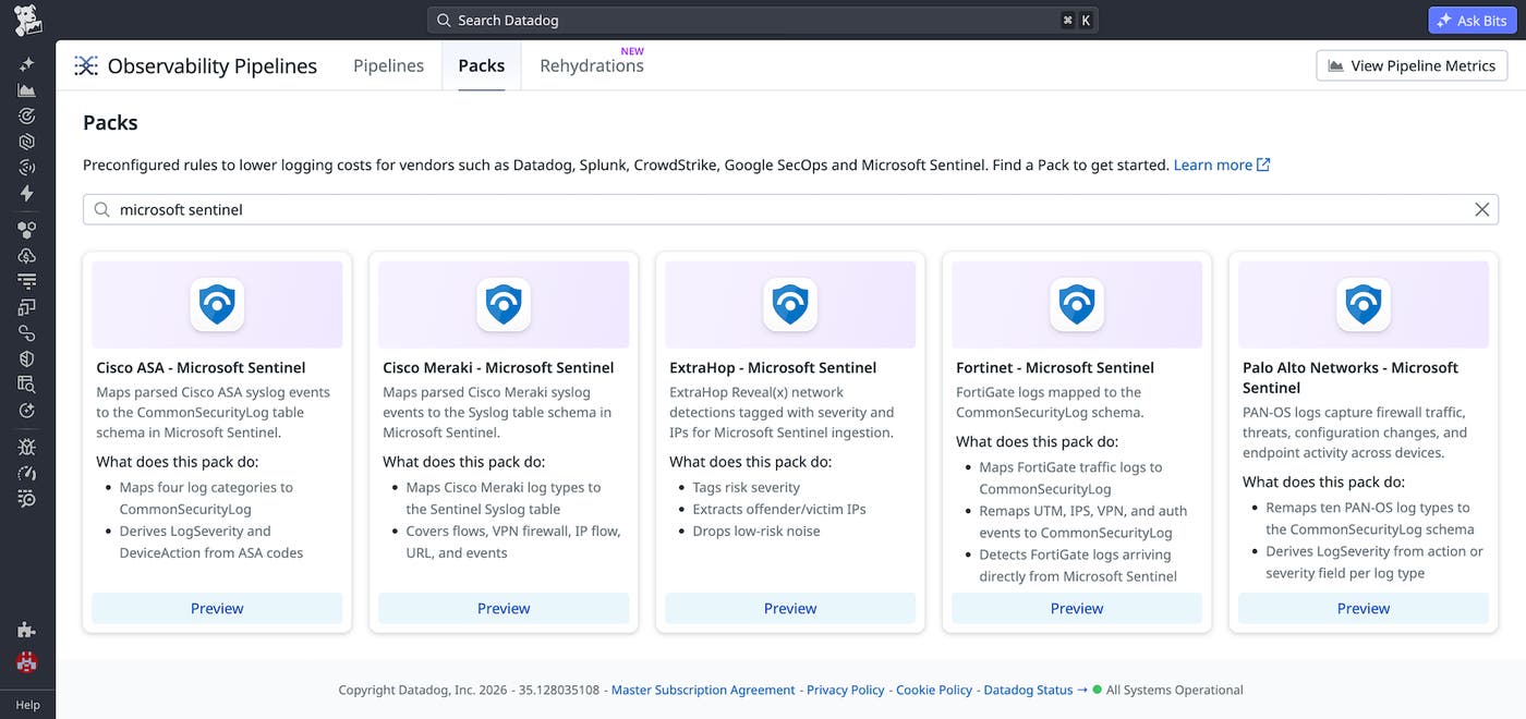 Observability Pipelines Packs gallery listing preconfigured Microsoft Sentinel mappings for Palo Alto Networks, Fortinet, Cisco ASA, Cisco Meraki, and ExtraHop. Observability Pipelines Packs gallery listing preconfigured Microsoft Sentinel mappings for Palo Alto Networks, Fortinet, Cisco ASA, Cisco Meraki, and ExtraHop.