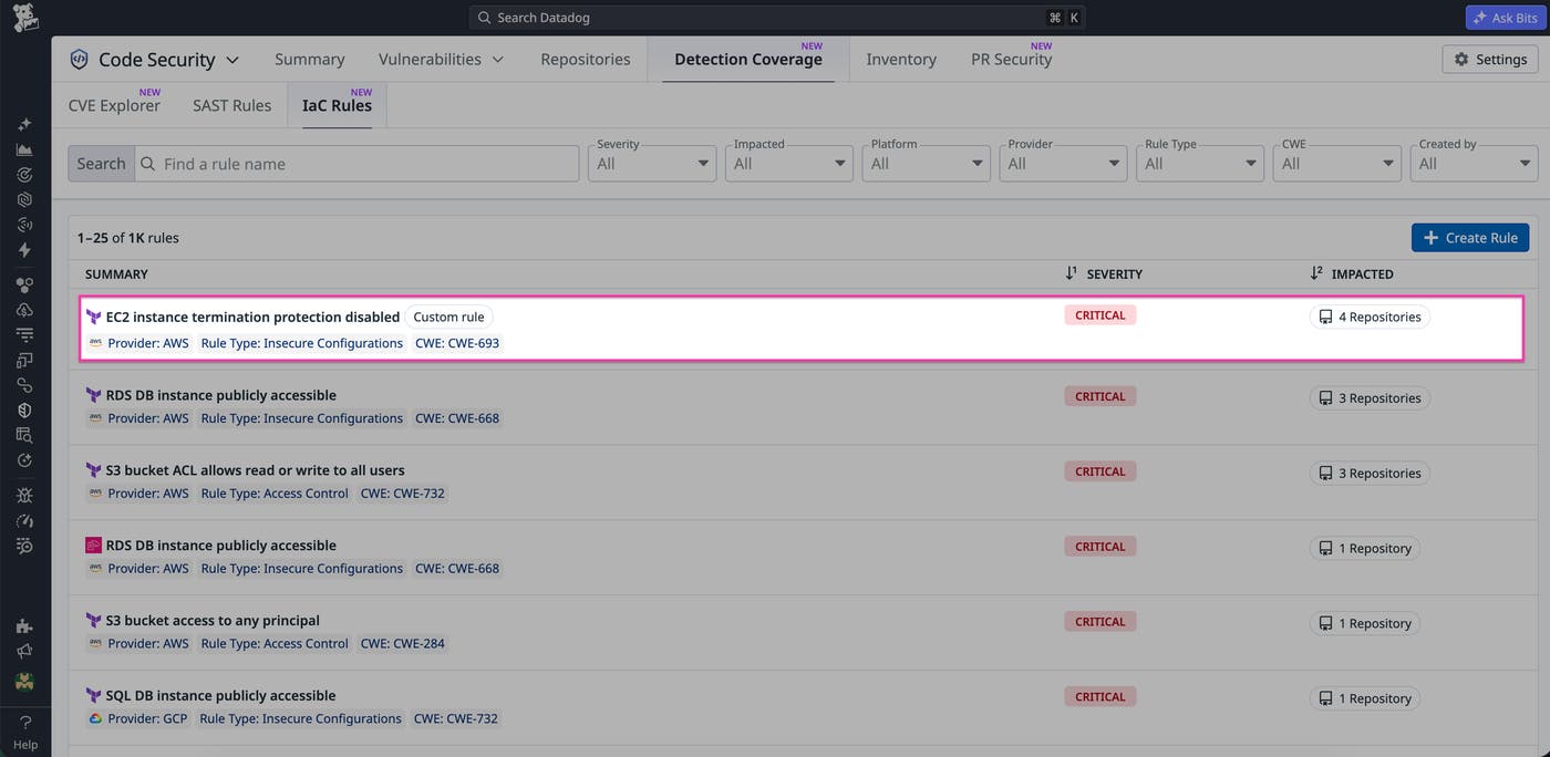 Custom IaC rule for disabled EC2 termination protection listed alongside Datadog’s default rules. Custom IaC rule for disabled EC2 termination protection listed alongside Datadog’s default rules.