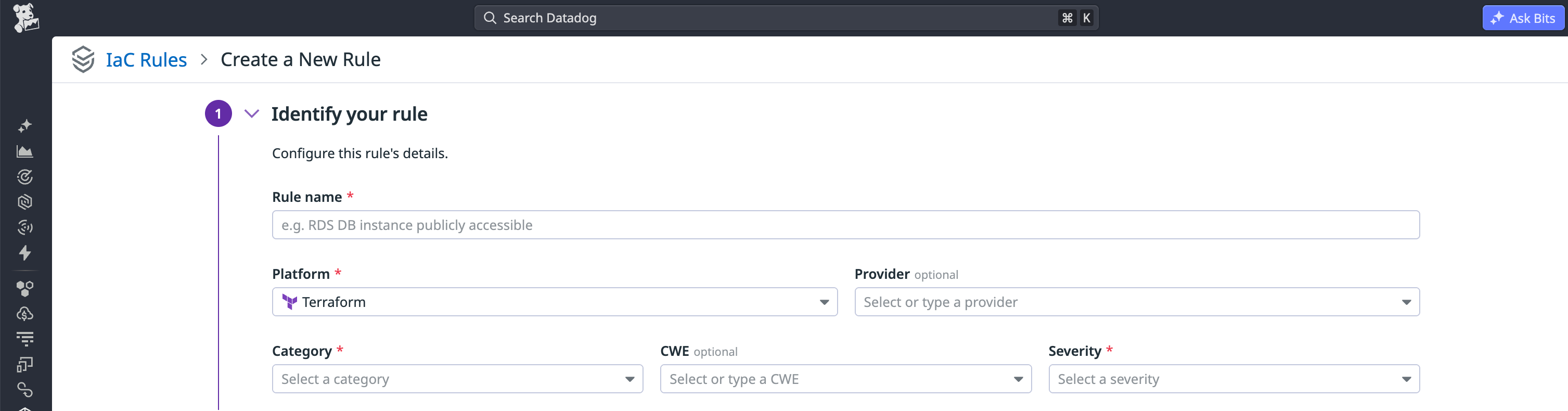 Custom IaC rule fields for name, platform, provider, category, CWE identifier, and severity.