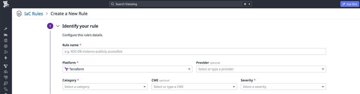 Custom IaC rule fields for name, platform, provider, category, CWE identifier, and severity. Custom IaC rule fields for name, platform, provider, category, CWE identifier, and severity.