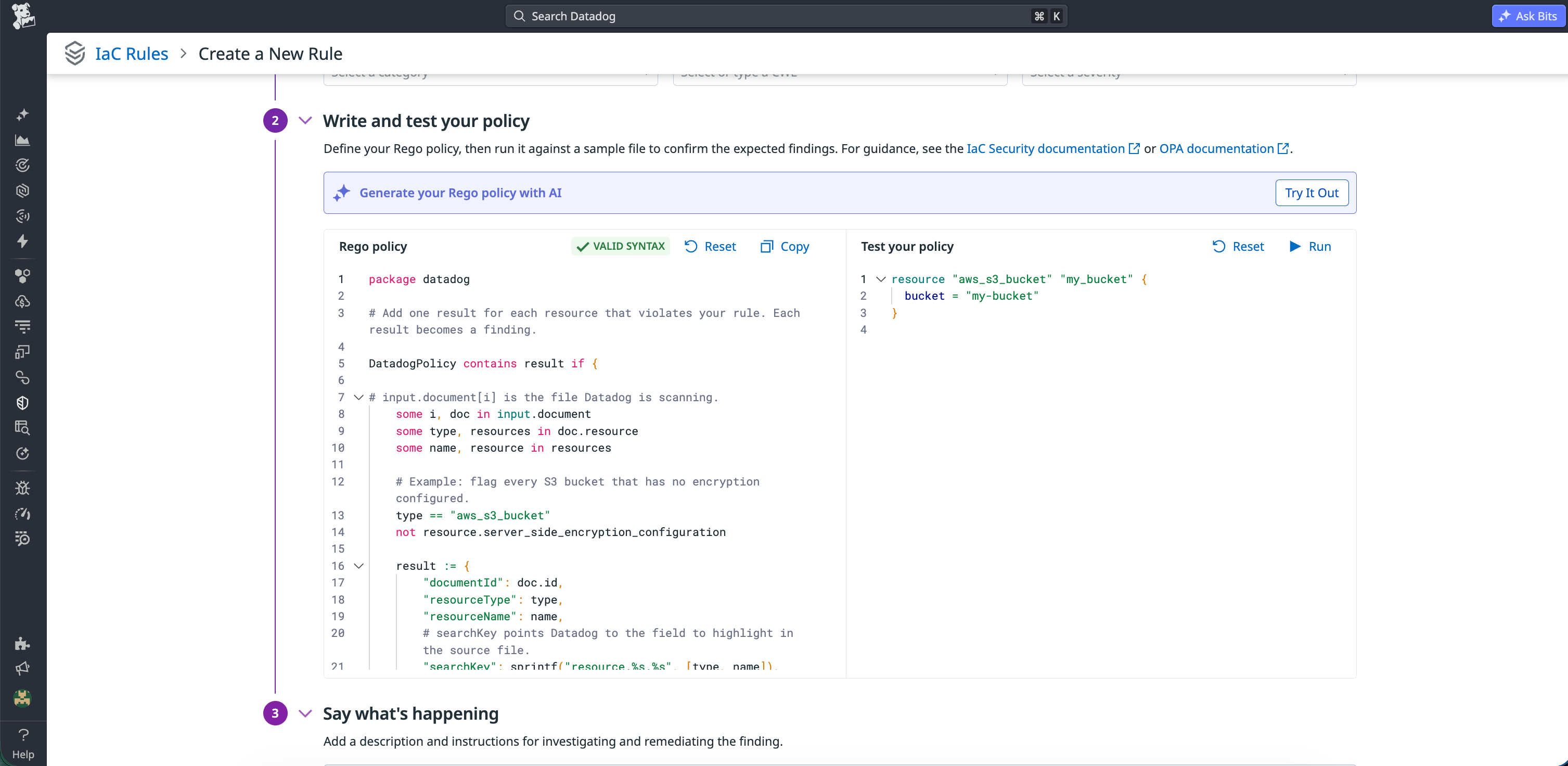 Rego policy editor with a starter policy for missing S3 encryption and a sample Terraform configuration for testing.