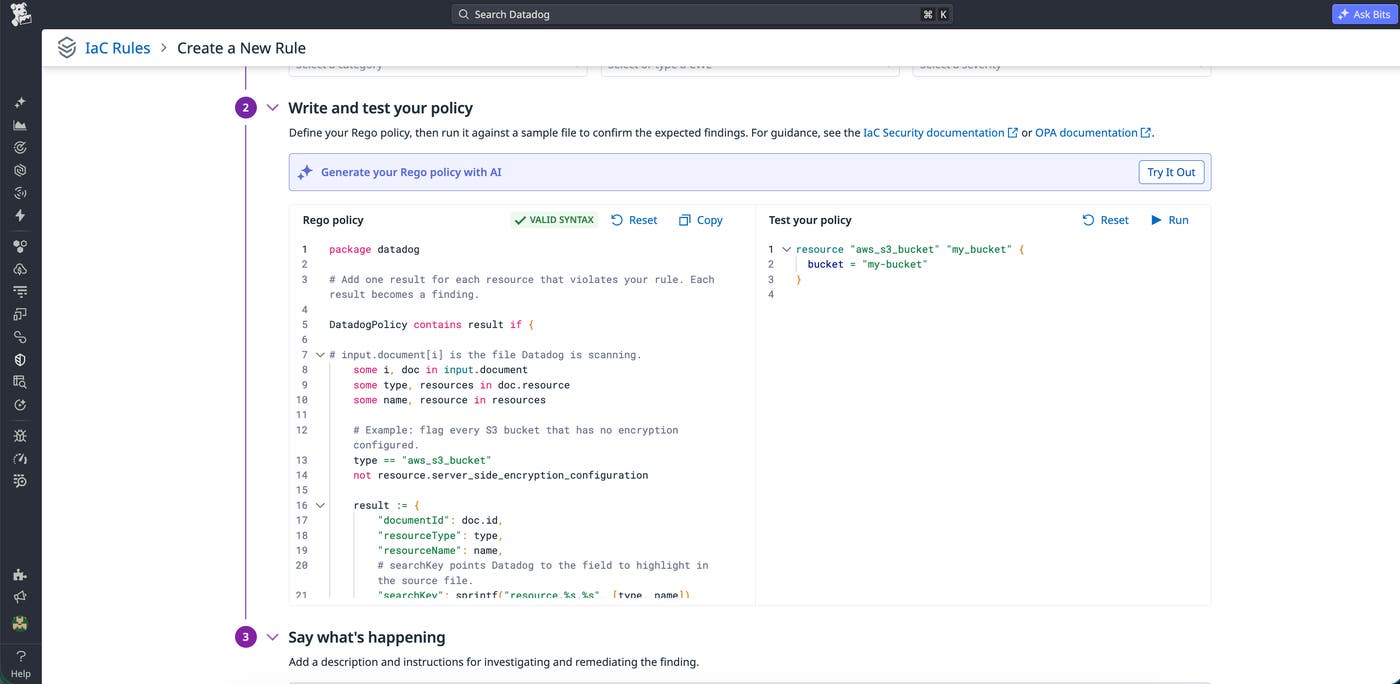 Rego policy editor with a starter policy for missing S3 encryption and a sample Terraform configuration for testing. Rego policy editor with a starter policy for missing S3 encryption and a sample Terraform configuration for testing.