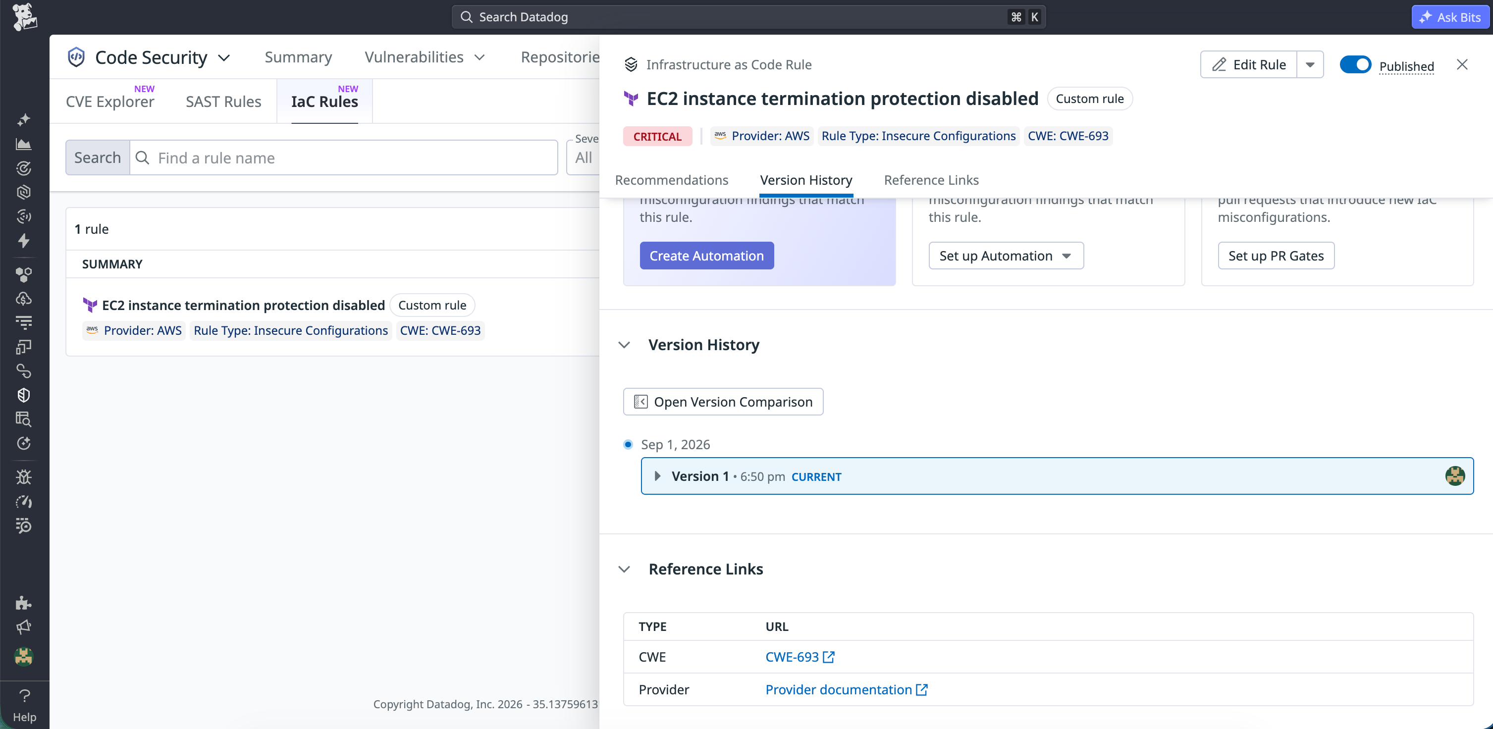 Custom IaC rule version history with the current revision and an option to compare versions.