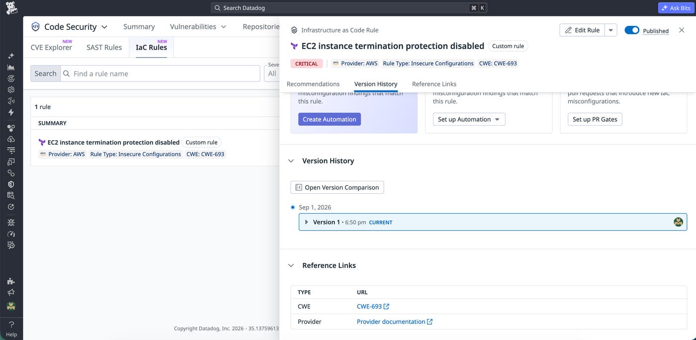Custom IaC rule version history with the current revision and an option to compare versions. Custom IaC rule version history with the current revision and an option to compare versions.