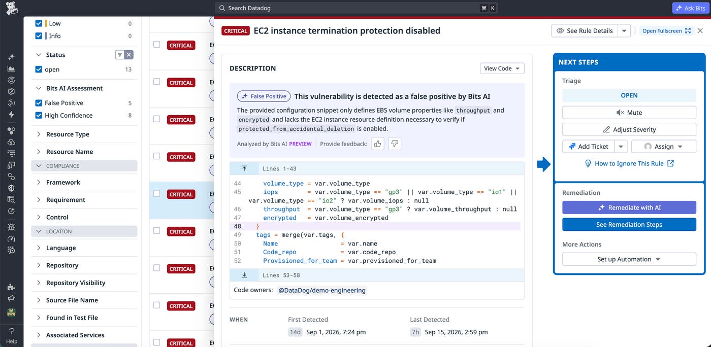 Custom IaC finding with code context, a Bits AI assessment, and options for triage, remediation, and automation. Custom IaC finding with code context, a Bits AI assessment, and options for triage, remediation, and automation.