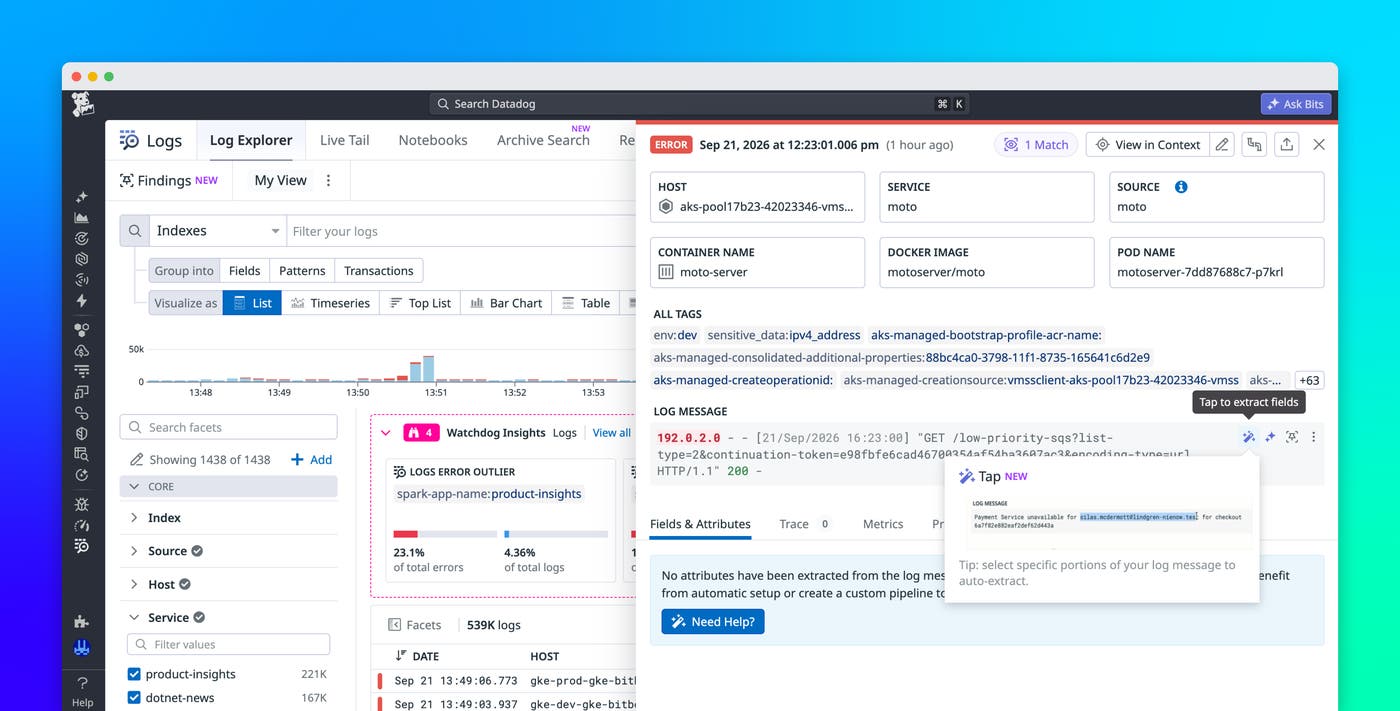 Find answers in your logs faster with Datadog’s Tap to Parse Find answers in your logs faster with Datadog’s Tap to Parse