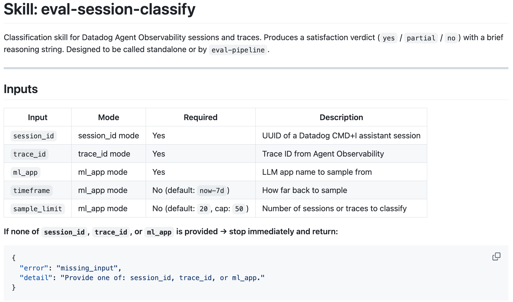 A Datadog Notebook showing the classification skill input modes, including an application, a trace, and a session.