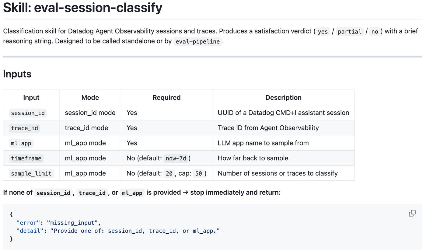 A Datadog Notebook showing the classification skill input modes, including an application, a trace, and a session. A Datadog Notebook showing the classification skill input modes, including an application, a trace, and a session.