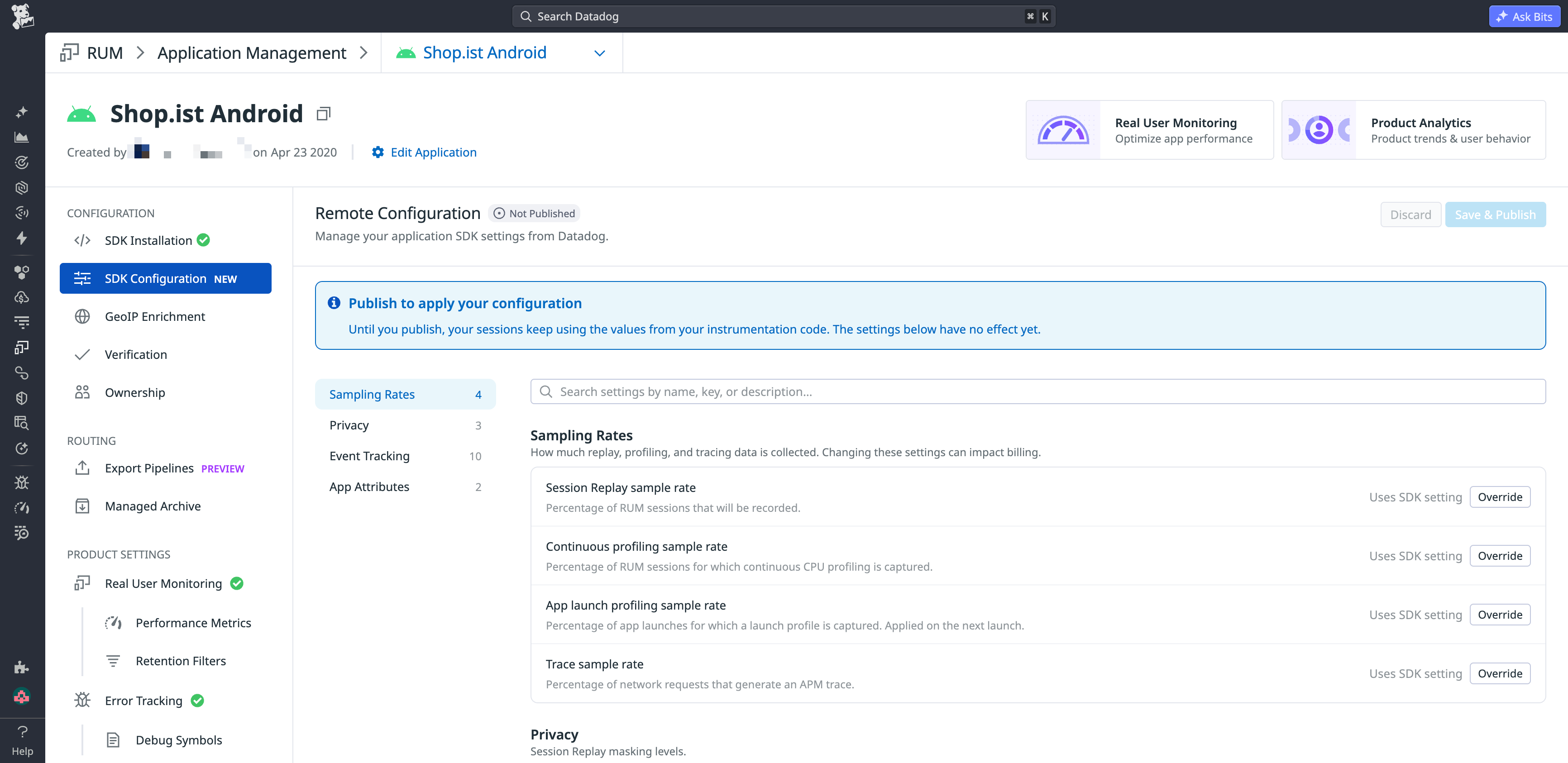 RUM Remote Configuration settings for overriding sampling rates and publishing changes from Datadog.