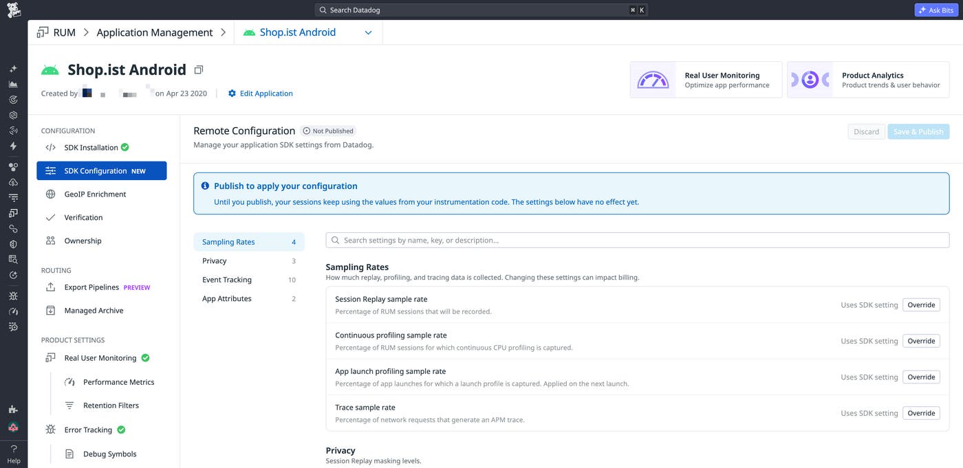 RUM Remote Configuration settings for overriding sampling rates and publishing changes from Datadog. RUM Remote Configuration settings for overriding sampling rates and publishing changes from Datadog.