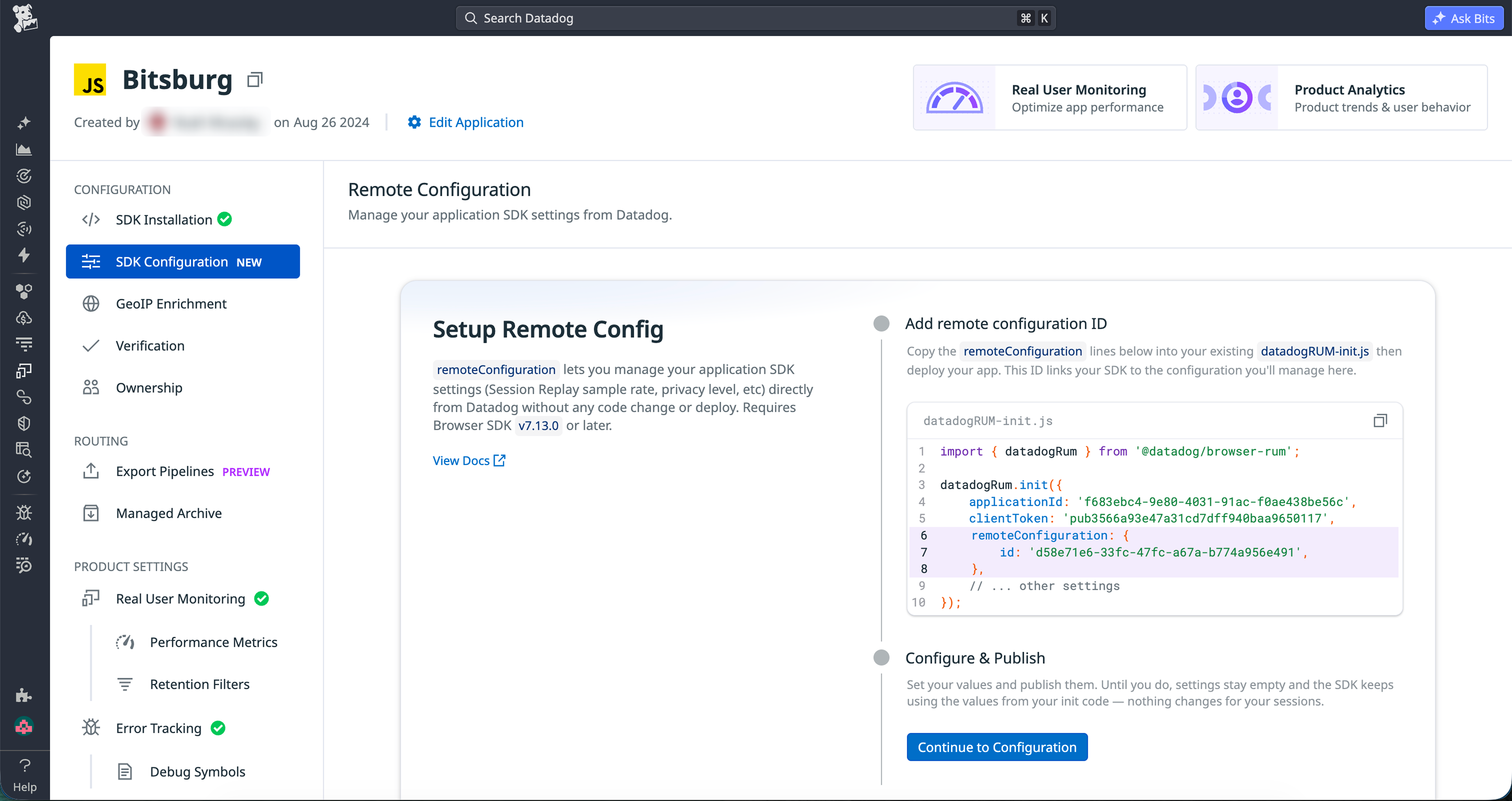 Browser RUM setup with a remote configuration ID added to the SDK initialization code.