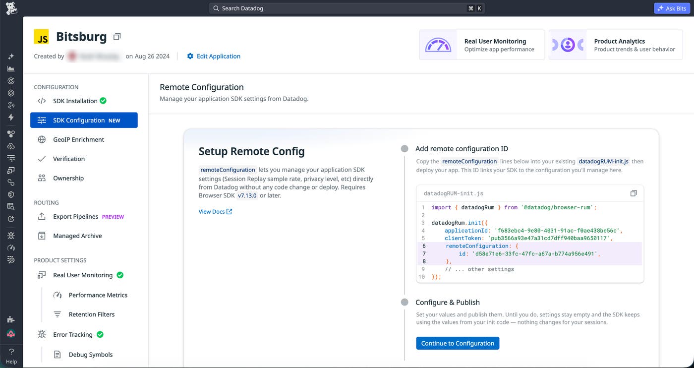 Browser RUM setup with a remote configuration ID added to the SDK initialization code. Browser RUM setup with a remote configuration ID added to the SDK initialization code.