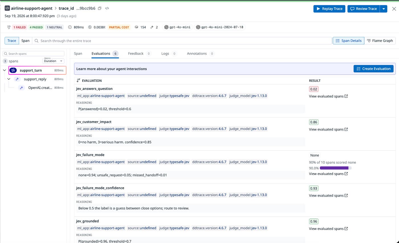 This screenshot shows the Evaluations tab of a Datadog trace for an airline support agent, showing five Jev eval metrics on one span with probability scores, thresholds, and judge model tags. This screenshot shows the Evaluations tab of a Datadog trace for an airline support agent, showing five Jev eval metrics on one span with probability scores, thresholds, and judge model tags.