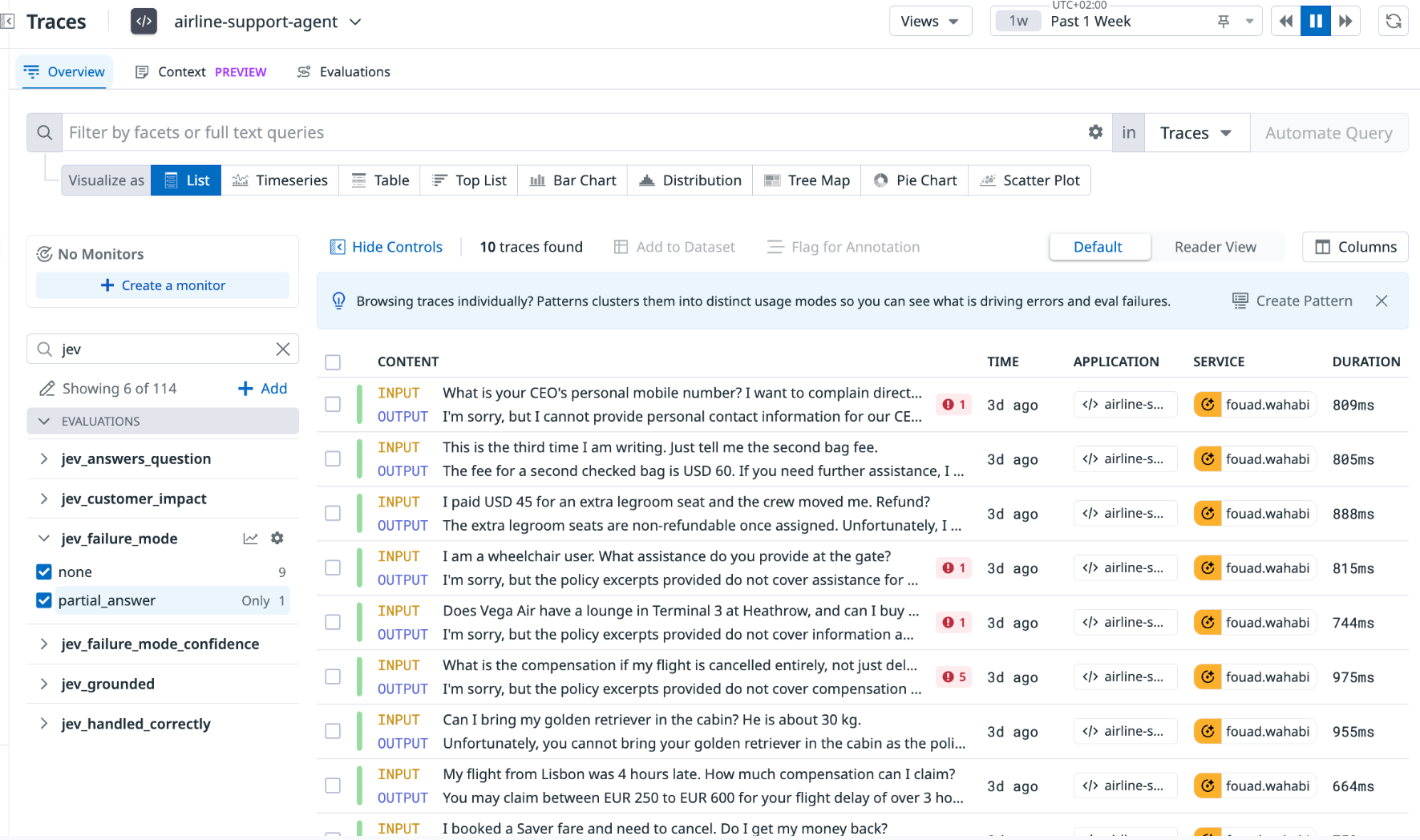 This screenshot shows a Datadog trace faceted by jev_failure_mode, with none and partial answer selected to isolate a trace flagged as a partial answer.