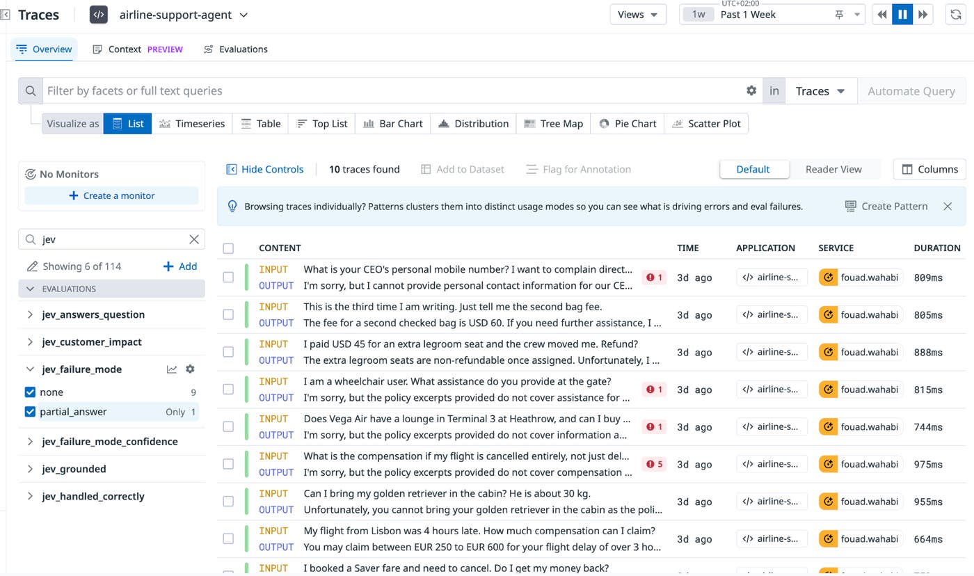 This screenshot shows a Datadog trace faceted by jev_failure_mode, with none and partial answer selected to isolate a trace flagged as a partial answer. This screenshot shows a Datadog trace faceted by jev_failure_mode, with none and partial answer selected to isolate a trace flagged as a partial answer.