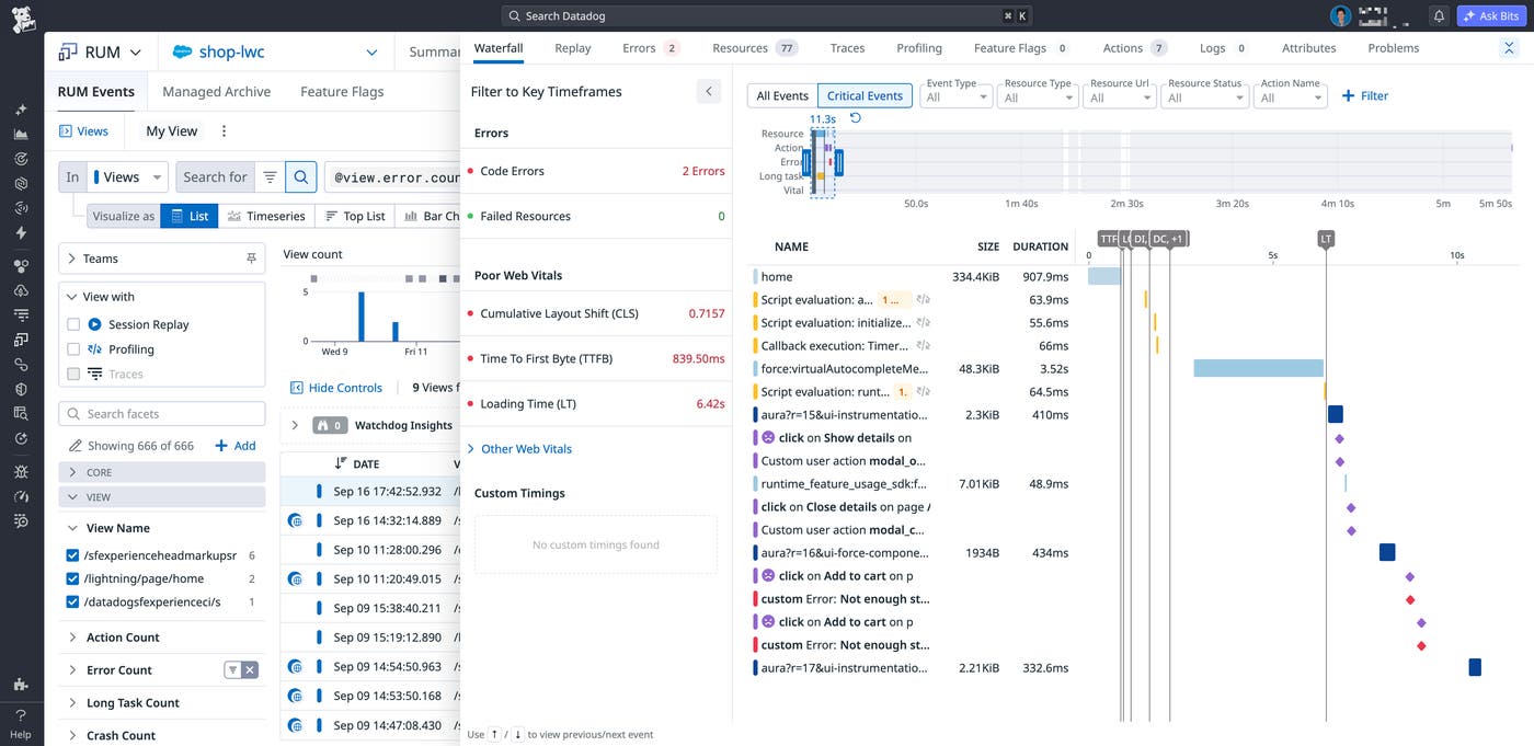 RUM waterfall for Salesforce Experience Cloud correlates user actions, code errors, resources, and Web Vitals. RUM waterfall for Salesforce Experience Cloud correlates user actions, code errors, resources, and Web Vitals.