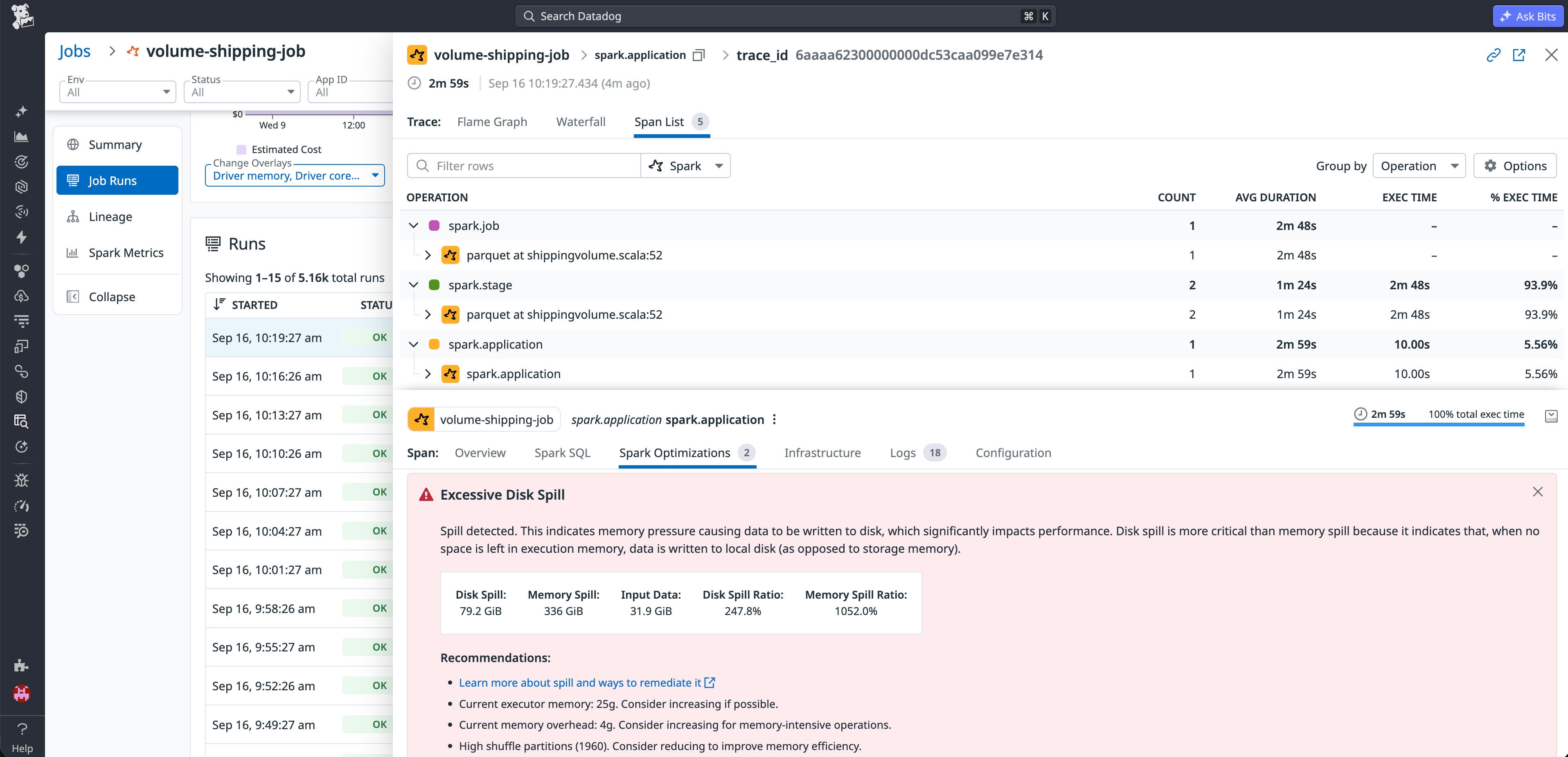 Datadog Data Observability view showing successful runs of the volume-shipping job and an Excessive Disk Spill finding with disk spill, memory spill, input data, and spill-ratio metrics.