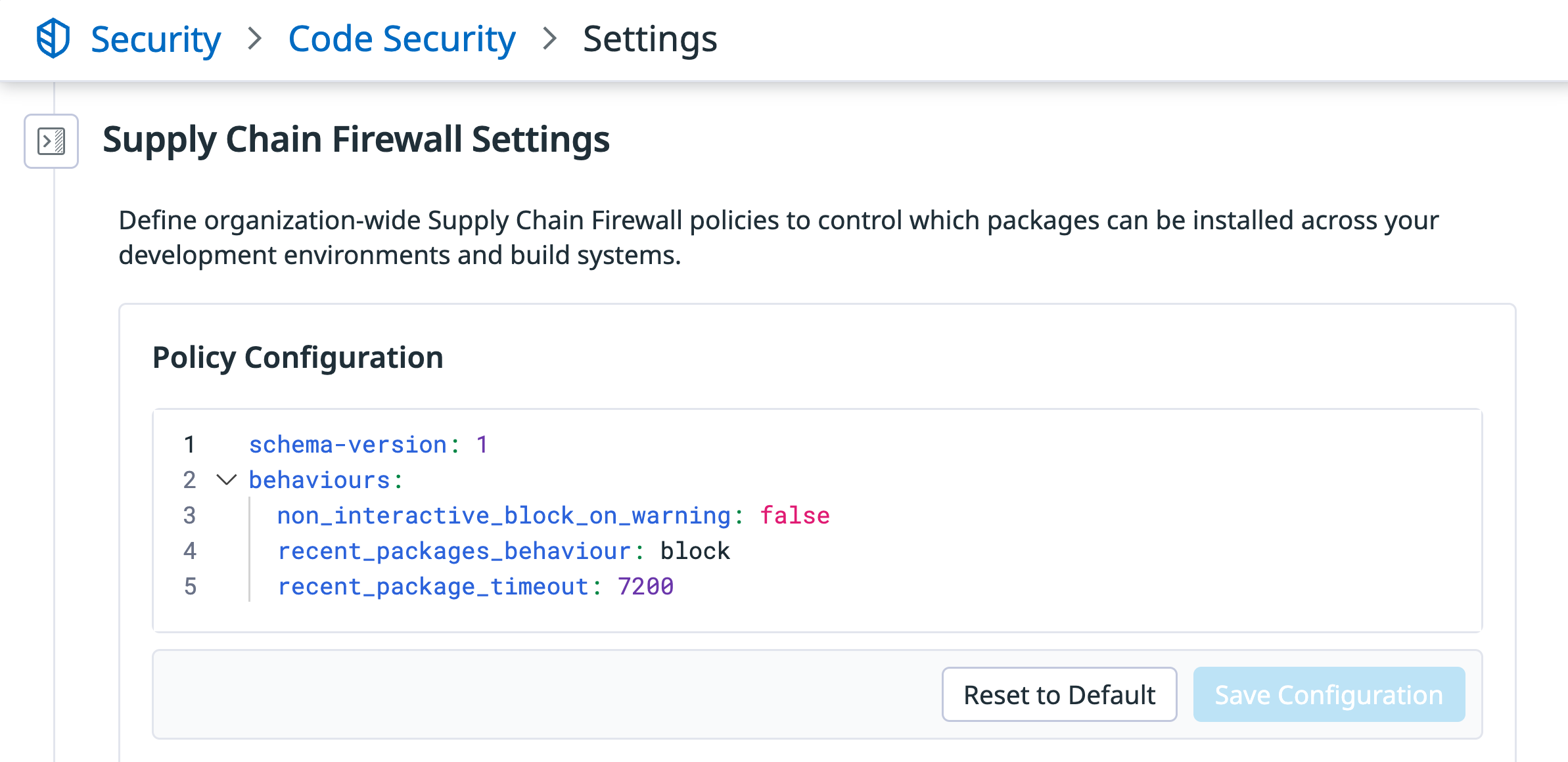 Datadog Code Security policies that control package installation in development environments and build systems.