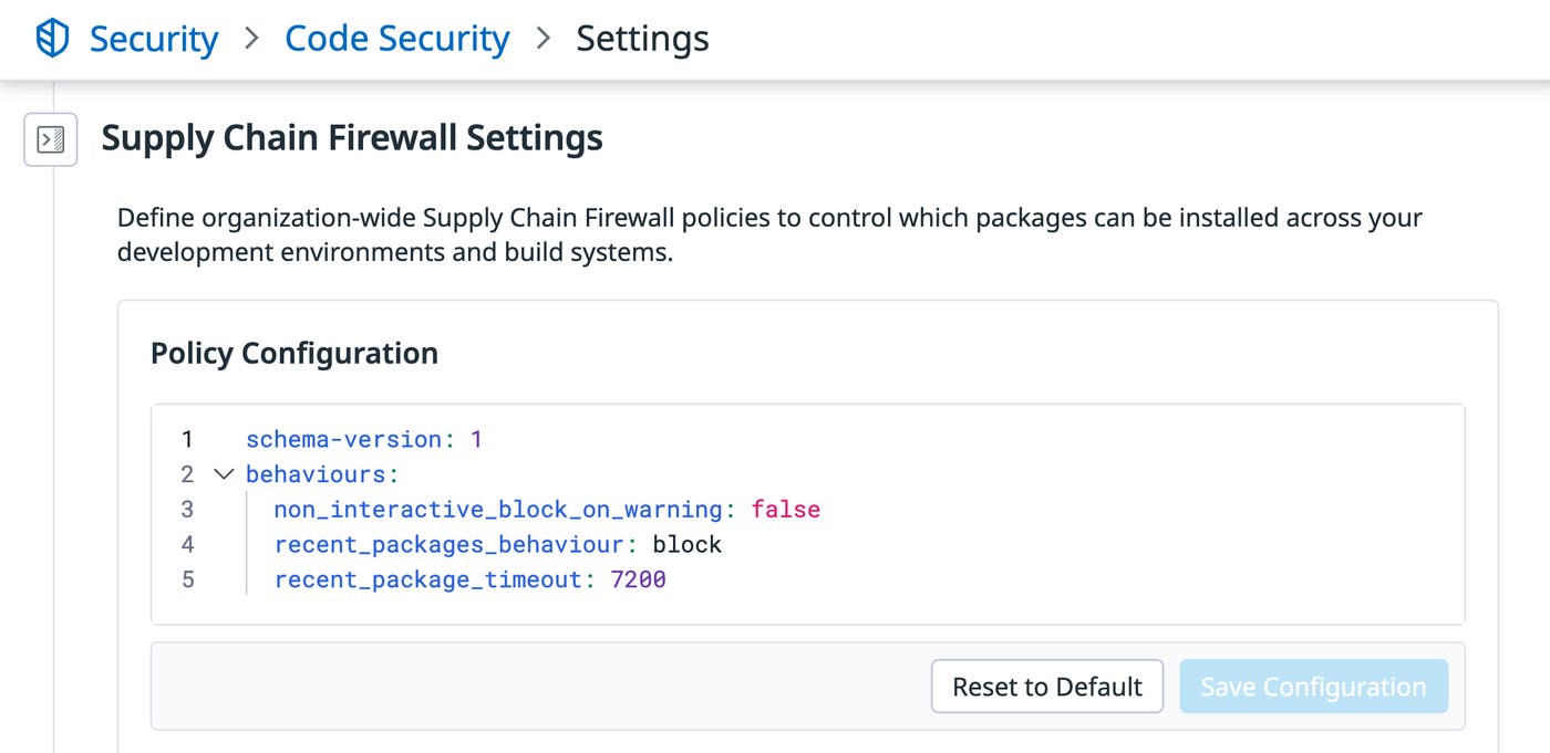 Datadog Code Security policies that control package installation in development environments and build systems. Datadog Code Security policies that control package installation in development environments and build systems.