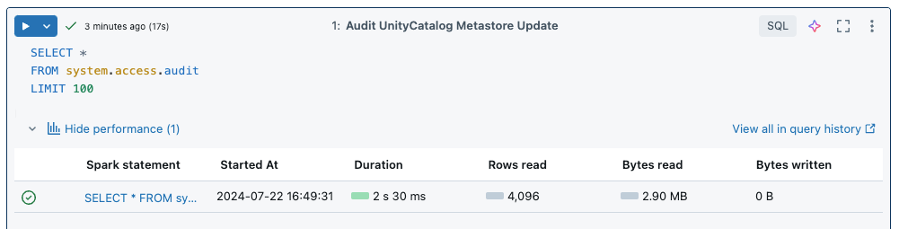 Databricks notebook cell querying system.access.audit, with an inline performance panel.