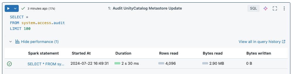Databricks notebook cell querying system.access.audit, with an inline performance panel. Databricks notebook cell querying system.access.audit, with an inline performance panel.