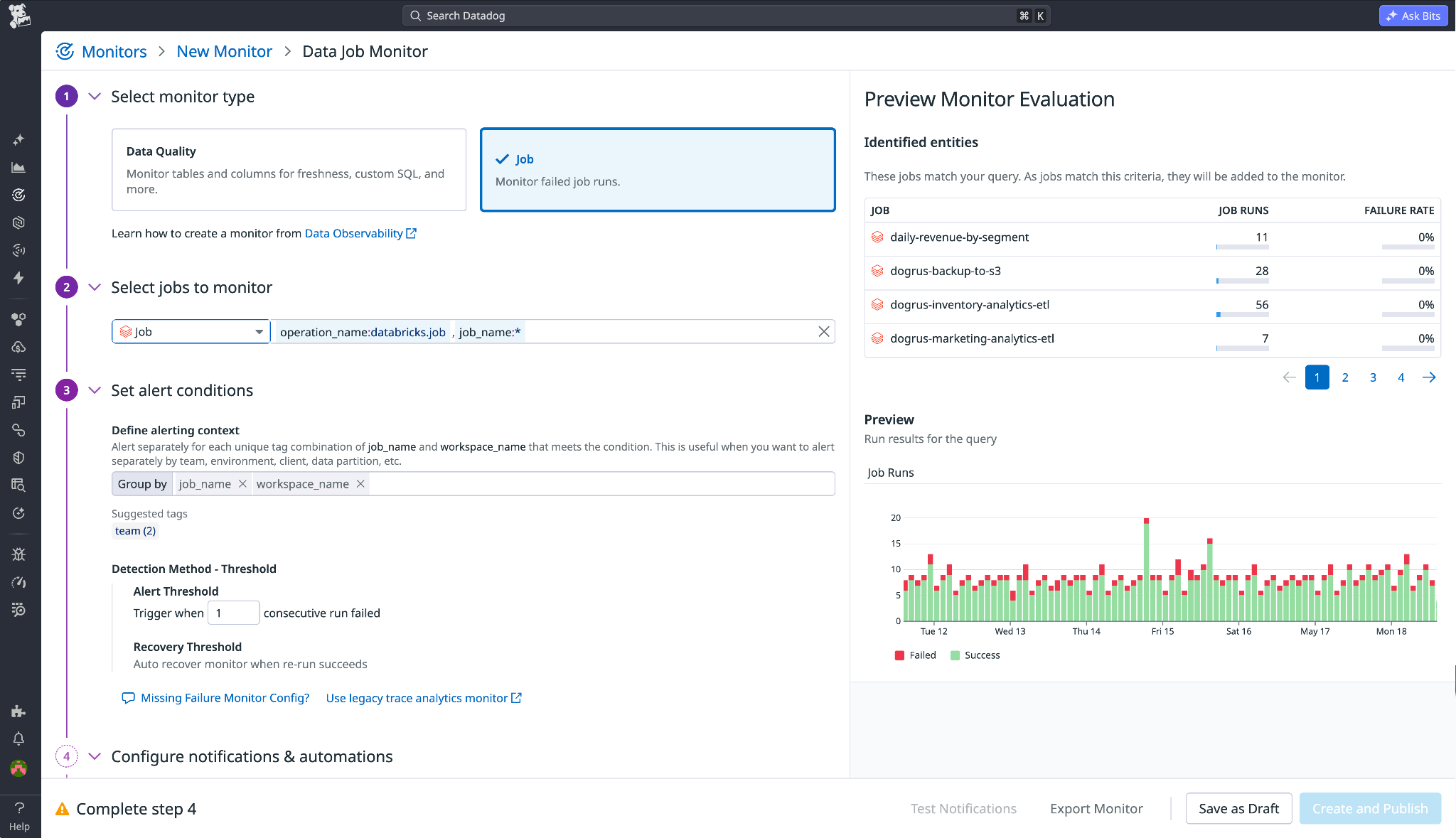 Datadog Data Job Monitor configuration page.