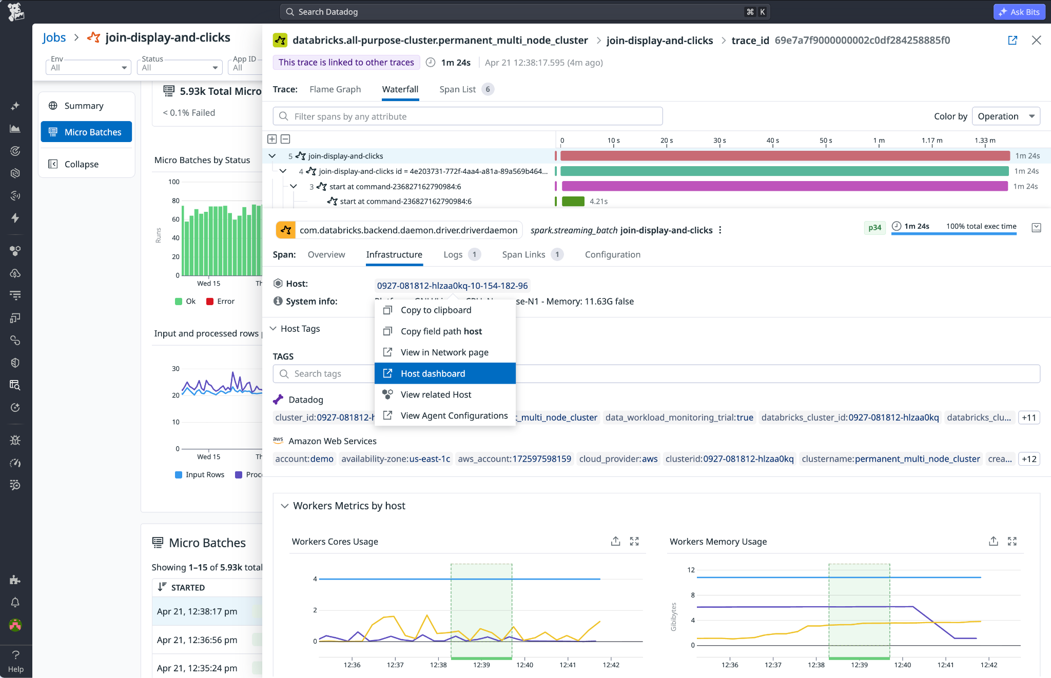 Datadog trace waterfall for a Databricks streaming job with the span’s Infrastructure tab open and a host context menu offering the host dashboard.