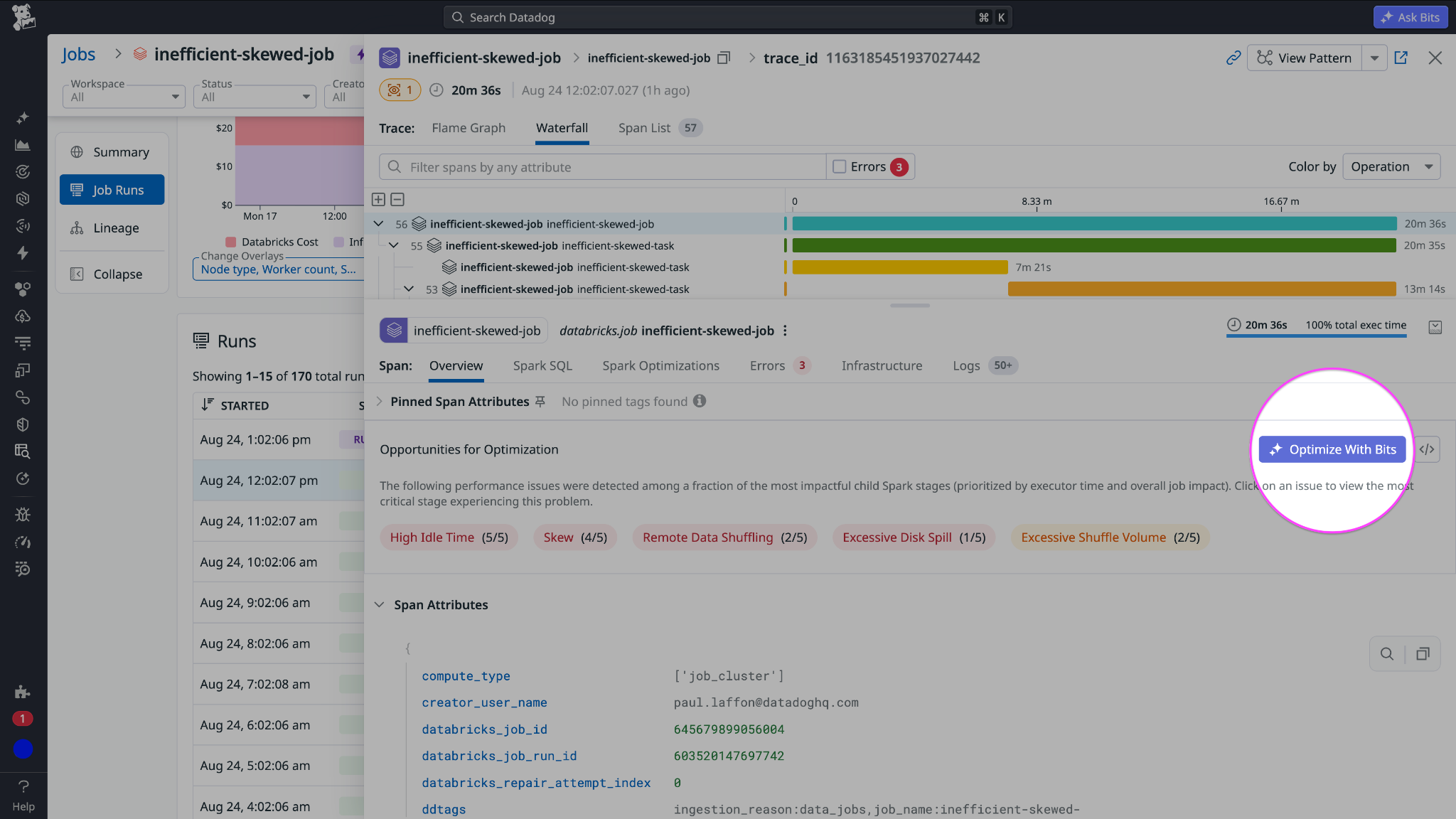 Datadog job run trace with the Optimize With Bits button highlighted.
