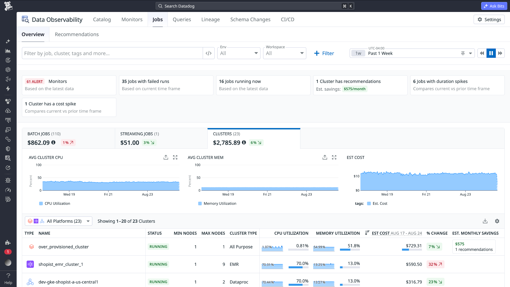 The Clusters tab of Datadog Data Observability.