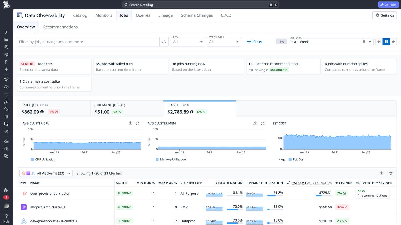 The Clusters tab of Datadog Data Observability. The Clusters tab of Datadog Data Observability.