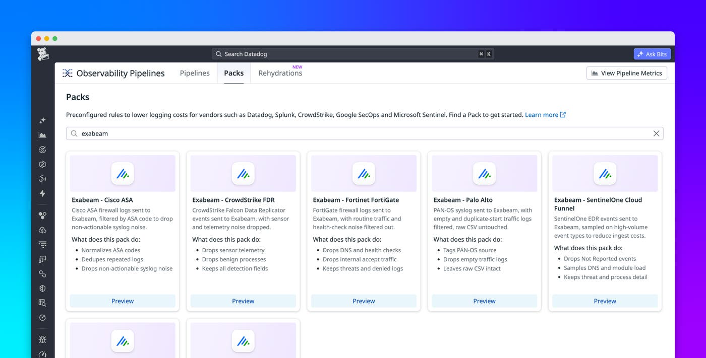 Process and route critical security logs to Exabeam with Observability Pipelines Process and route critical security logs to Exabeam with Observability Pipelines