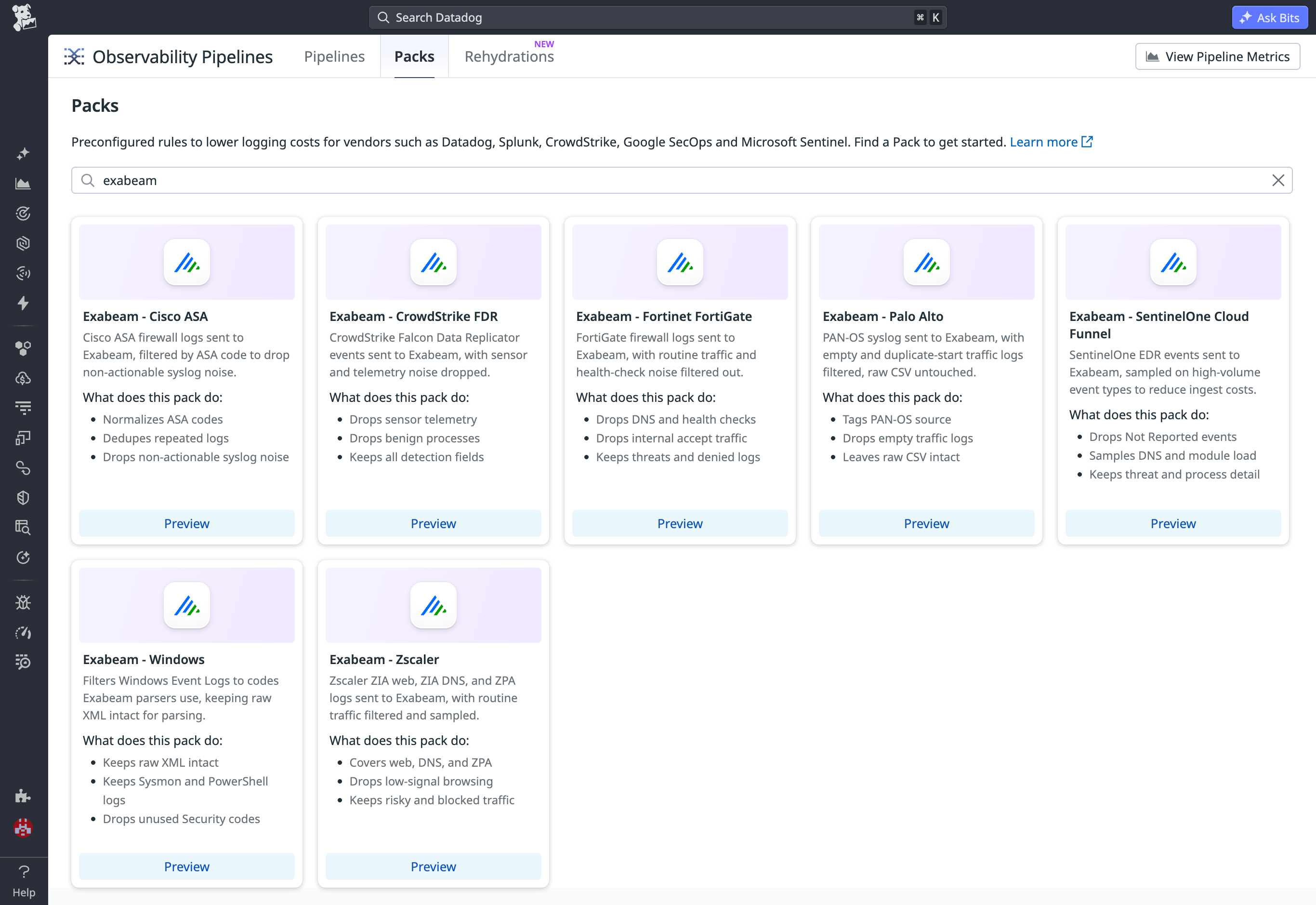 Observability Pipelines Packs gallery listing seven Exabeam Packs that filter firewall, endpoint, and web security logs.