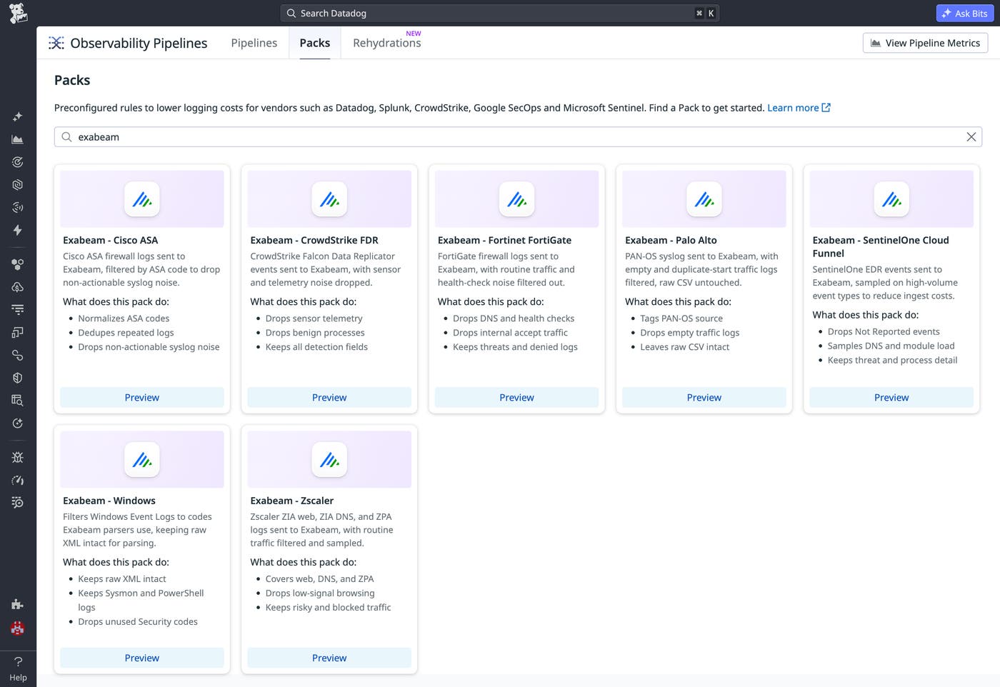 Observability Pipelines Packs gallery listing seven Exabeam Packs that filter firewall, endpoint, and web security logs. Observability Pipelines Packs gallery listing seven Exabeam Packs that filter firewall, endpoint, and web security logs.