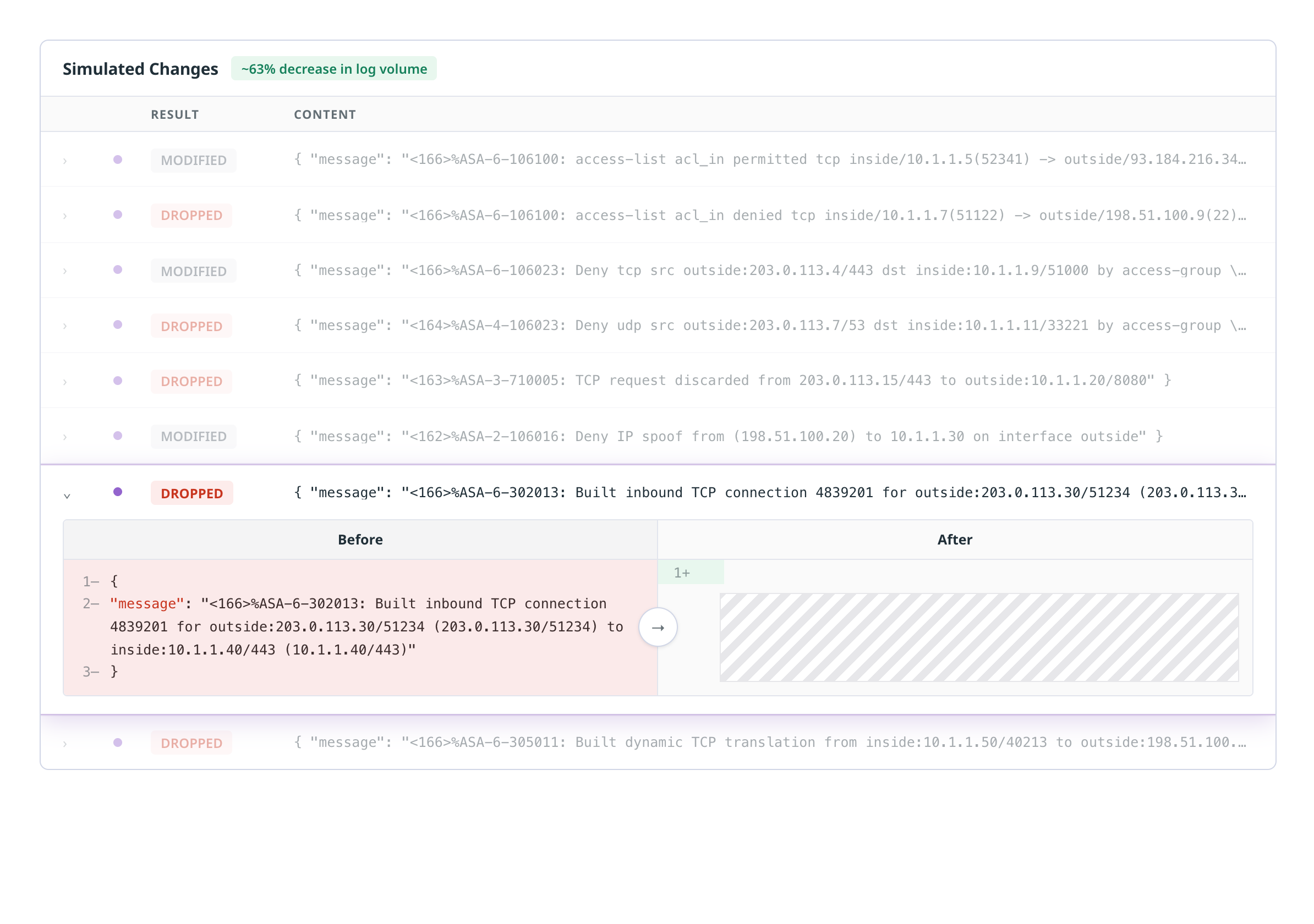 Live Capture previewing which Cisco ASA logs the Exabeam Pack drops, dedupes, or passes through unchanged.