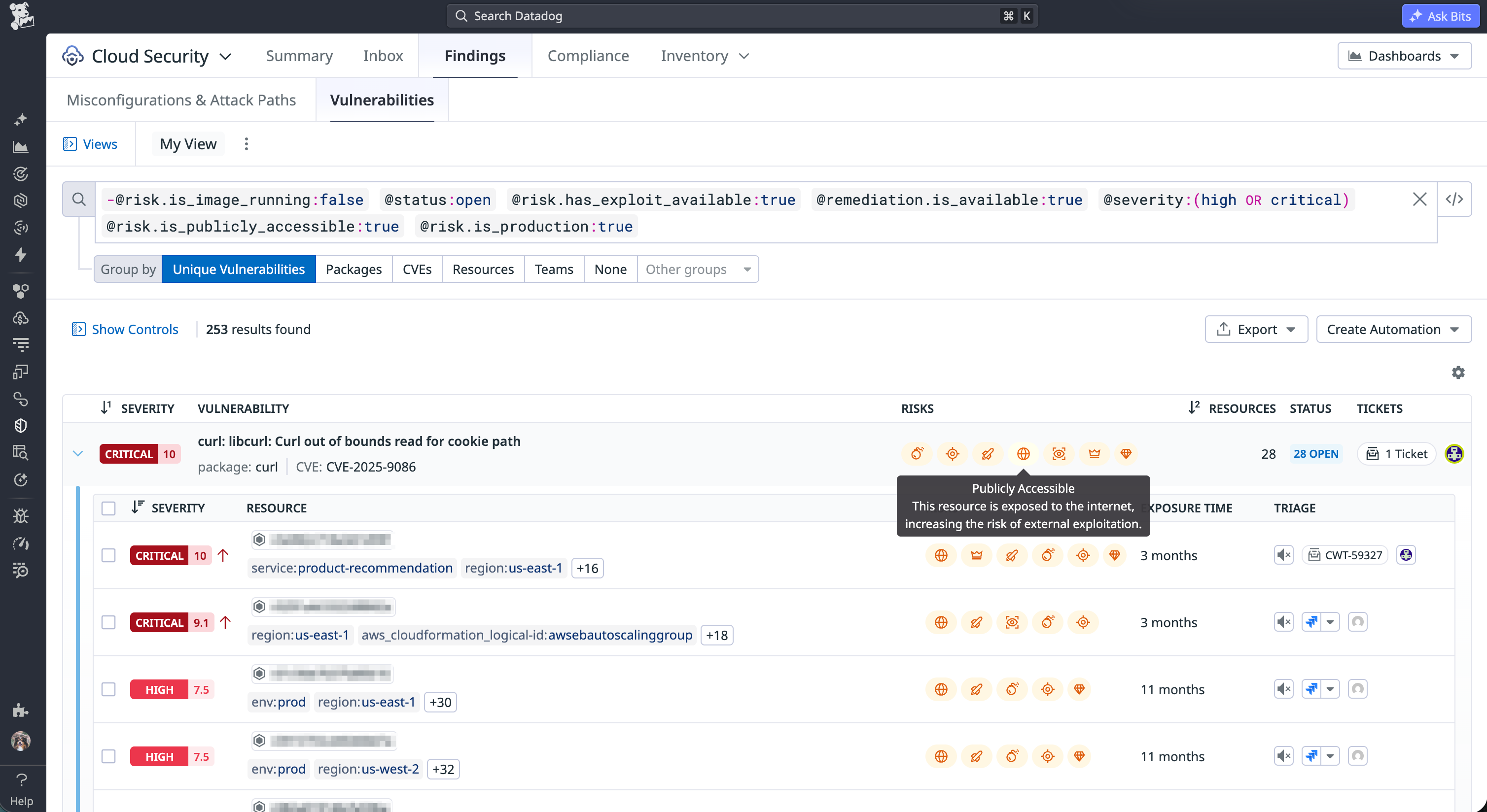 Datadog Cloud Security showing a list of CVEs